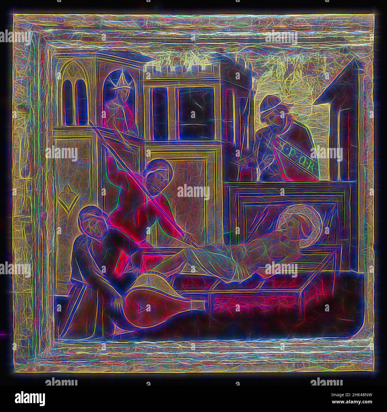 Inspiré par le martyre de Saint-Laurent, scènes de la vie de Saint-Laurent, predella, Lorenzo di Niccolò, italien, florentin, Documenté 1393-1412, Tempera et or à outils sur panneau de peuplier, Italie, ca. 1412, 12 7/8 x 14 3/16 po, 32,7 x 36 cm, soufflets, charbons, dîner, goire, chevalier, médiéval, réimaginé par Artotop. L'art classique réinventé avec une touche moderne. Conception de lumière chaleureuse et gaie, de luminosité et de rayonnement de lumière. La photographie s'inspire du surréalisme et du futurisme, embrassant l'énergie dynamique de la technologie moderne, du mouvement, de la vitesse et révolutionne la culture Banque D'Images