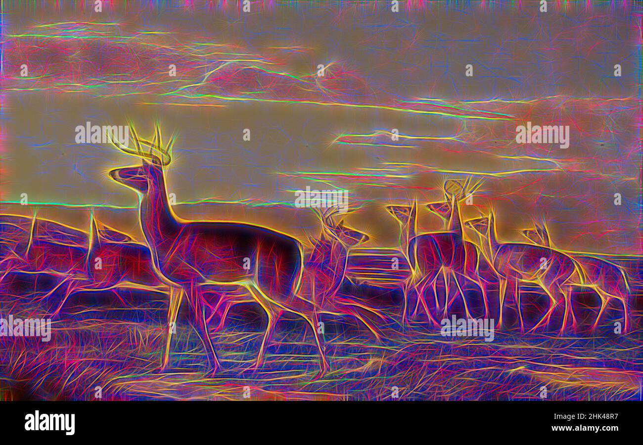 Inspiré par le cerf surpris, Une scène des Prairies, huile sur toile, env. 1847, 37 13/16 x 59 15/16 po, 96 x 152,2 cm, animaux, cerfs, paysage, peinture, Ciel, cerfs, repensé par Artotop. L'art classique réinventé avec une touche moderne. Conception de lumière chaleureuse et gaie, de luminosité et de rayonnement de lumière. La photographie s'inspire du surréalisme et du futurisme, embrassant l'énergie dynamique de la technologie moderne, du mouvement, de la vitesse et révolutionne la culture Banque D'Images
