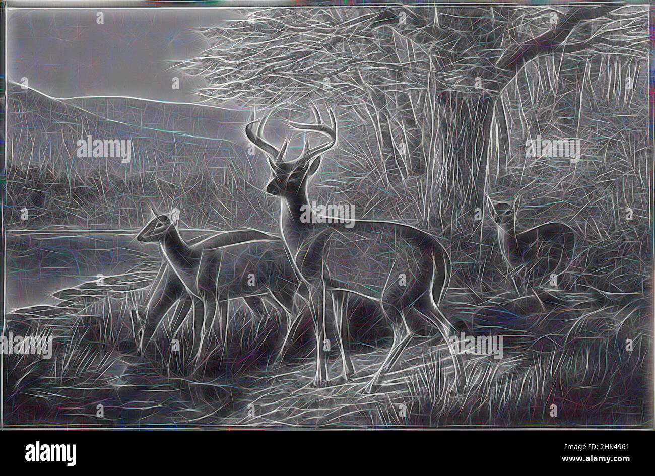 Inspiré par Landscape and Deer, William Jacob Hays, américain, 1830-1875, huile sur toile, env. 1871, 16 15/16 x 26 po, 43,1 x 66 cm, animaux, cerfs, fauve, nature, rivière, ruisseau, sauvage, bois, repensé par Artotop. L'art classique réinventé avec une touche moderne. Conception de lumière chaleureuse et gaie, de luminosité et de rayonnement de lumière. La photographie s'inspire du surréalisme et du futurisme, embrassant l'énergie dynamique de la technologie moderne, du mouvement, de la vitesse et révolutionne la culture Banque D'Images