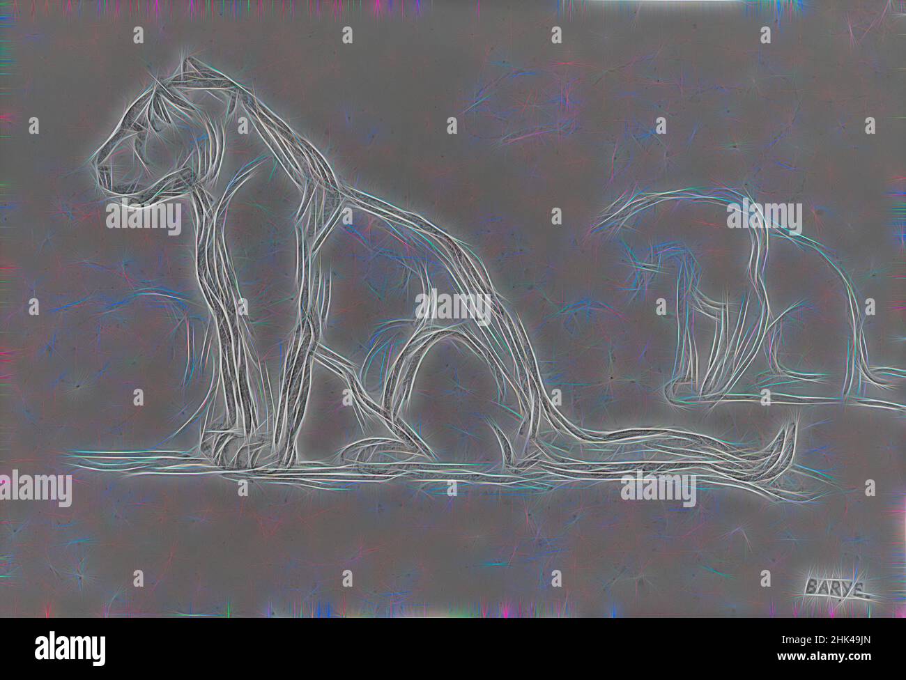 Inspiré de deux Lionnes à gauche, Antoine-Louis Barye, français, 1795-1875, Graphite sur papier cousu, France, s.d., feuille: 5 1/8 x 7 9/16 po, 13 x 19,2 cm, contour, graphite, lion, réimaginé par Artotop. L'art classique réinventé avec une touche moderne. Conception de lumière chaleureuse et gaie, de luminosité et de rayonnement de lumière. La photographie s'inspire du surréalisme et du futurisme, embrassant l'énergie dynamique de la technologie moderne, du mouvement, de la vitesse et révolutionne la culture Banque D'Images