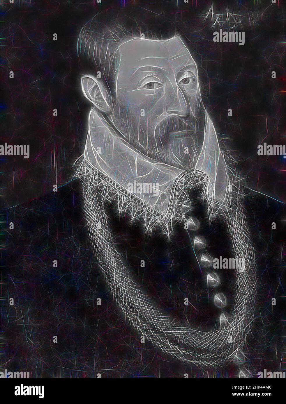 Inspiré par Portrait d'un Anglais gentleman, flamand, huile sur panneau, 1596, 20 1/2 x 15 3/4 po., 52,1 x 40,0 cm, collier, rayons X, repensé par Artotop. L'art classique réinventé avec une touche moderne. Conception de lumière chaleureuse et gaie, de luminosité et de rayonnement de lumière. La photographie s'inspire du surréalisme et du futurisme, embrassant l'énergie dynamique de la technologie moderne, du mouvement, de la vitesse et révolutionne la culture Banque D'Images