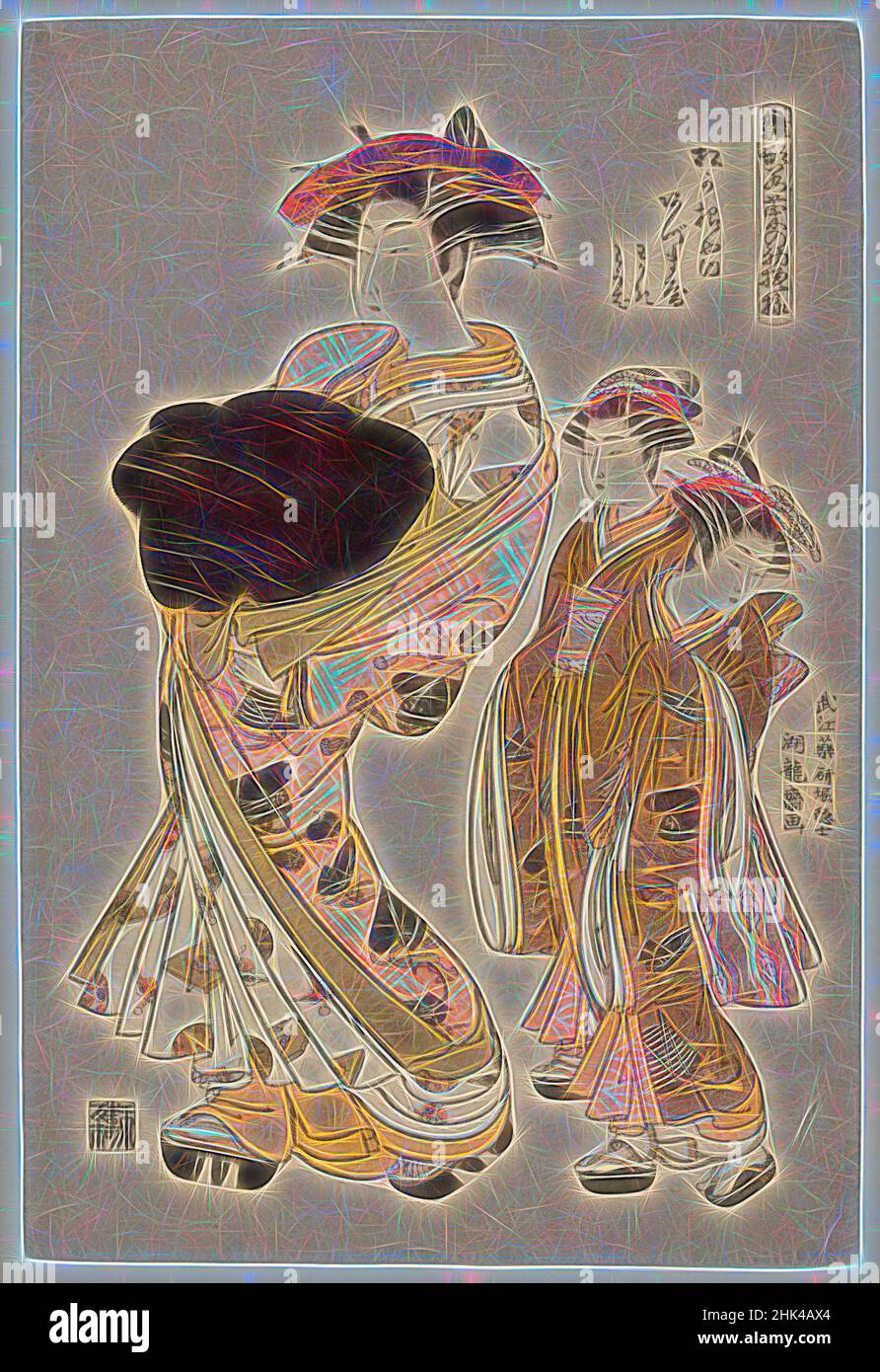 Inspiré par Azumaya, une beauté Yoshiwara de la maison de thé Matsu Hanaya suivie par deux attacants, de la série: Hinagata Wakana no Hatsu moyo 'les premiers dessins Dyed pour les herbes de printemps.', Isoda Koryusai, japonais, ca. 1766-1788, impression couleur sur papier, Japon, env. 1777, période Edo, 15 1/2 x, réimaginé par Artotop. L'art classique réinventé avec une touche moderne. Conception de lumière chaleureuse et gaie, de luminosité et de rayonnement de lumière. La photographie s'inspire du surréalisme et du futurisme, embrassant l'énergie dynamique de la technologie moderne, du mouvement, de la vitesse et révolutionne la culture Banque D'Images