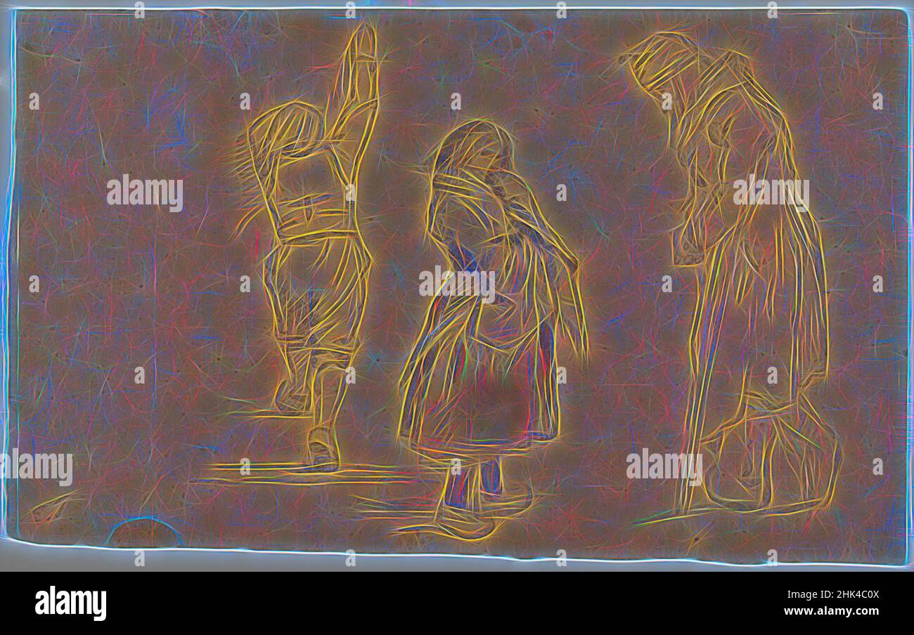 Inspiré par trois figurines hollandaises, Eastman Johnson, American, 1824-1906, Graphite, aquarelle et craie blanche sur papier vélin brun, de poids moyen, modérément texturé, env. 1852, 6 1/2 x 10 7/8 po, 16,5 x 27,6 cm, américain, dessin, figures, traits fins, Graphite, croquis, aquarelle, hiver, réimaginé par Artotop. L'art classique réinventé avec une touche moderne. Conception de lumière chaleureuse et gaie, de luminosité et de rayonnement de lumière. La photographie s'inspire du surréalisme et du futurisme, embrassant l'énergie dynamique de la technologie moderne, du mouvement, de la vitesse et révolutionne la culture Banque D'Images