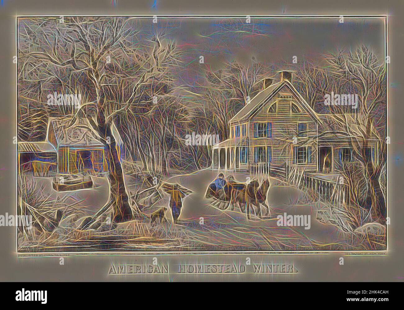 Inspiré par American Homestead Winter, Currier & Ives, américain, lithographie de couleur main sur papier vélin, 1868-1869, feuille : 9 3/4 x 13 13/16 po, 24,8 x 35,1 cm, américain, Americana, corvées, scène campagnard, Chien et maître, bois de chauffage, bon vieux jours, traîneau tiré par cheval, nostalgie, Nostalgique, démodée, réinventée par Artotop. L'art classique réinventé avec une touche moderne. Conception de lumière chaleureuse et gaie, de luminosité et de rayonnement de lumière. La photographie s'inspire du surréalisme et du futurisme, embrassant l'énergie dynamique de la technologie moderne, du mouvement, de la vitesse et révolutionne la culture Banque D'Images