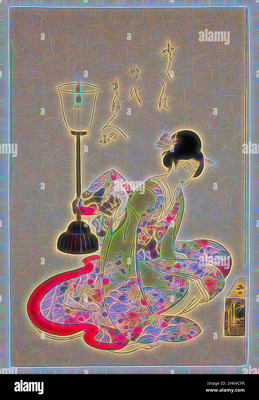 Inspiré par image des femmes de l'époque faisant des choses, Toyohara Chikanobu, japonais, 1838-1912, impression de blocs de bois de couleur sur papier, Japon, fin 19th-20th siècle, période Meiji, 14 1/4 x 9 3/8 po., 36,2 x 23,8 cm, bougie, réimaginé par Artotop. L'art classique réinventé avec une touche moderne. Conception de lumière chaleureuse et gaie, de luminosité et de rayonnement de lumière. La photographie s'inspire du surréalisme et du futurisme, embrassant l'énergie dynamique de la technologie moderne, du mouvement, de la vitesse et révolutionne la culture Banque D'Images