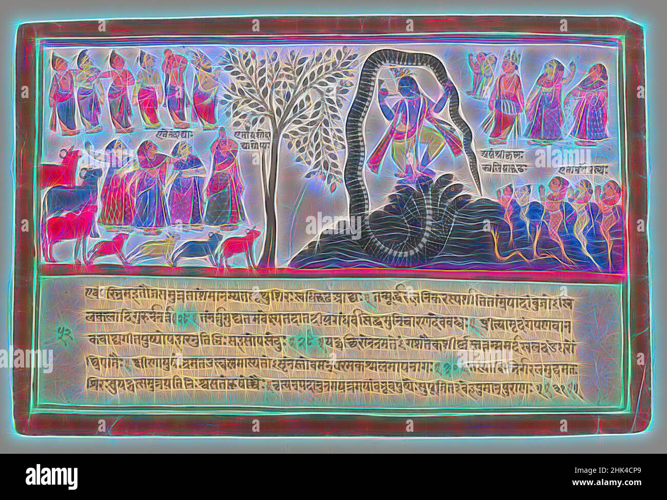 Inspiré par Krishna conquiert le serpent Kaliya, page d'une série de Bhagavata Purana dispersée, Indien, aquarelle opaque et or sur papier, Odisha, Orissa, Inde, CA. 1775, feuille: 9 3/4 x 14 5/8 po., 24,8 x 37,1 cm, Bhagavata Purana, vaches, danse, Or, Gopis, Herd, Horn, Kaliya, Krishna, Nagas, repensé par Artotop. L'art classique réinventé avec une touche moderne. Conception de lumière chaleureuse et gaie, de luminosité et de rayonnement de lumière. La photographie s'inspire du surréalisme et du futurisme, embrassant l'énergie dynamique de la technologie moderne, du mouvement, de la vitesse et révolutionne la culture Banque D'Images