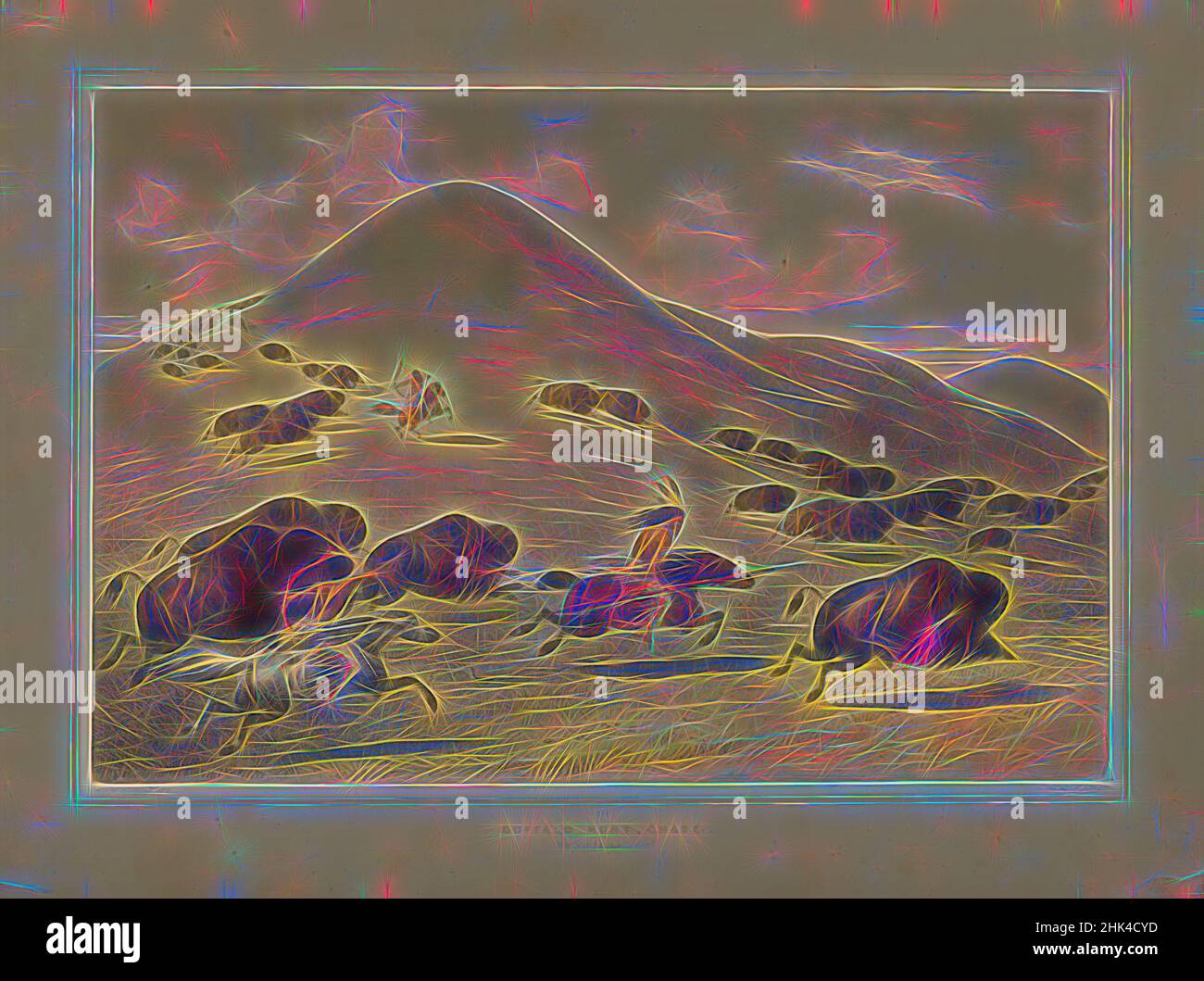 Inspiré par Buffalo Hunt Chase, George Catlin, cuisine américaine, 1796-1872, Lithographie sur papier de vélin crème, feuille : 16 1/16 x 21 3/8 po, 40,8 x 54,3 cm, arc et flèche, buffle, chasse, mort, Chevaux, chasseurs, Indiens, Amérindiens, Old West, stampede, repensé par Artotop. L'art classique réinventé avec une touche moderne. Conception de lumière chaleureuse et gaie, de luminosité et de rayonnement de lumière. La photographie s'inspire du surréalisme et du futurisme, embrassant l'énergie dynamique de la technologie moderne, du mouvement, de la vitesse et révolutionne la culture Banque D'Images