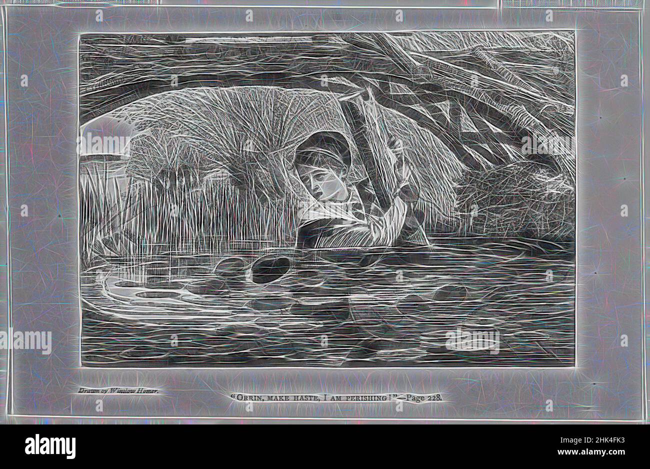 Inspiré par Orrin, fais hâte, je suis en train de périr!', Winslow Homer, américain, 1836-1910, gravure en bois, 1868, image: 4 3/4 x 7 po., 12,1 x 17,8 cm, 1868, Winslow Homer, repensé par Artotop. L'art classique réinventé avec une touche moderne. Conception de lumière chaleureuse et gaie, de luminosité et de rayonnement de lumière. La photographie s'inspire du surréalisme et du futurisme, embrassant l'énergie dynamique de la technologie moderne, du mouvement, de la vitesse et révolutionne la culture Banque D'Images