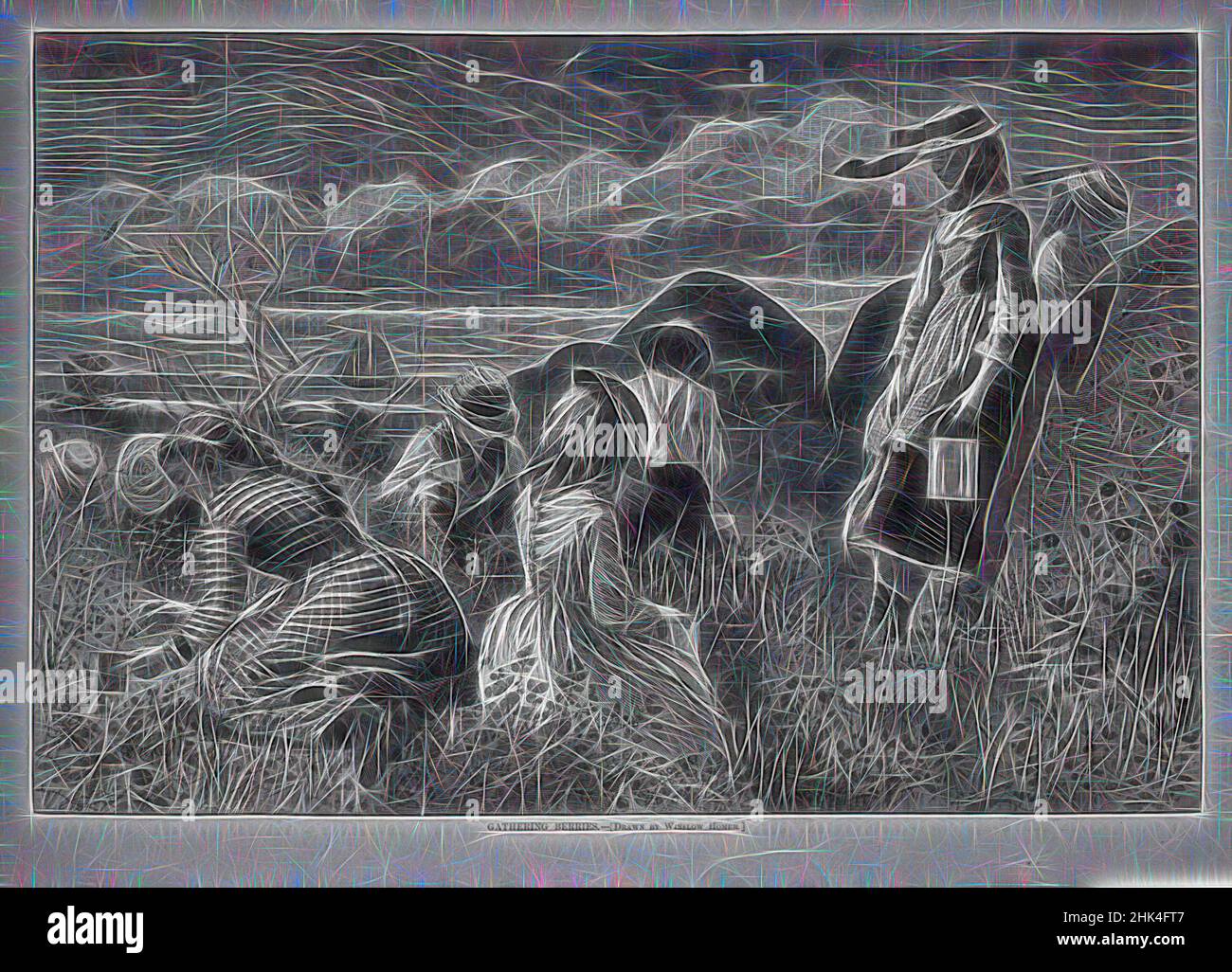 Inspiré par la cueillette de baies, Winslow Homer, américain, 1836-1910, gravure de bois, 1874, image: 9 1/8 x 13 1/2 po., 23,2 x 34,3 cm, repensé par Artotop. L'art classique réinventé avec une touche moderne. Conception de lumière chaleureuse et gaie, de luminosité et de rayonnement de lumière. La photographie s'inspire du surréalisme et du futurisme, embrassant l'énergie dynamique de la technologie moderne, du mouvement, de la vitesse et révolutionne la culture Banque D'Images