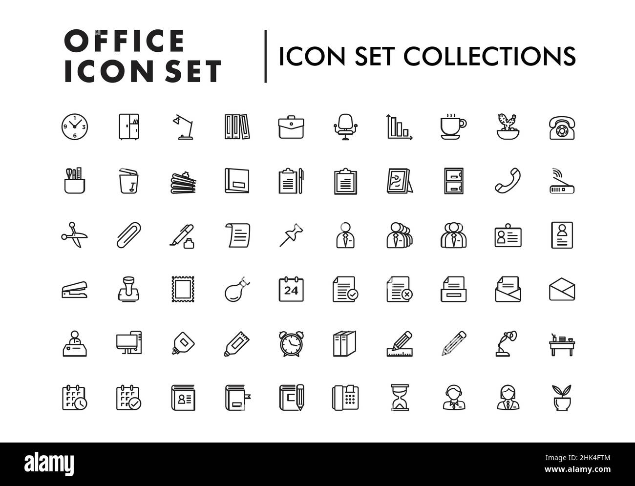 Collection complète d'icônes de bureau comprenant des symboles essentiels pour le lieu de travail pour les présentations et les projets de conception. Illustration de Vecteur