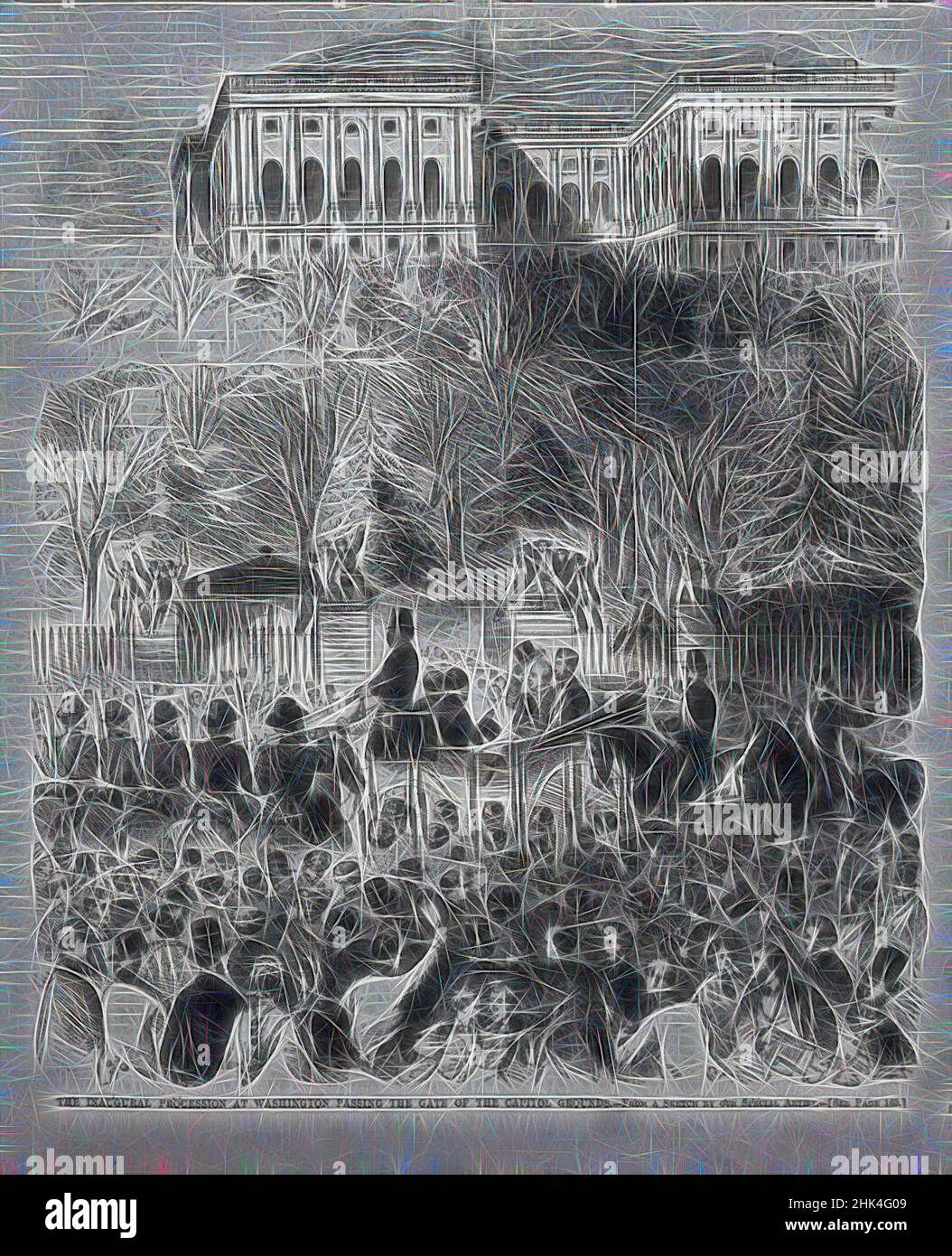 Inspiré par la procession inaugurale à Washington passant la porte du Capitole, Winslow Homer, américain, 1836-1910, gravure en bois, 1861, image: 11 x 9 1/8 po., 27,9 x 23,2 cm, repensé par Artotop. L'art classique réinventé avec une touche moderne. Conception de lumière chaleureuse et gaie, de luminosité et de rayonnement de lumière. La photographie s'inspire du surréalisme et du futurisme, embrassant l'énergie dynamique de la technologie moderne, du mouvement, de la vitesse et révolutionne la culture Banque D'Images Inspiré par la procession inaugurale à Washington passant la porte du Capitole, Winslow Homer, américain, 1836-1910, gravure en bois, 1861, image: 11 x 9 1/8 po., 27,9 x 23,2 cm, repensé par Artotop. L'art classique réinventé avec une touche moderne. Conception de lumière chaleureuse et gaie, de luminosité et de rayonnement de lumière. La photographie s'inspire du surréalisme et du futurisme, embrassant l'énergie dynamique de la technologie moderne, du mouvement, de la vitesse et révolutionne la culture Banque D'Images