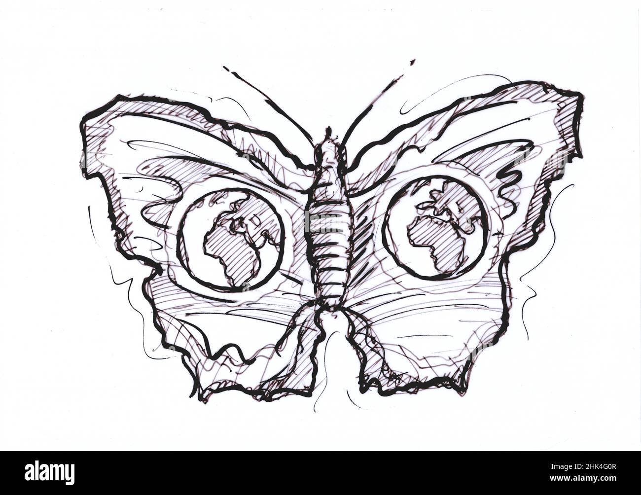 Esquisse de la planète Terre comme motif sur les ailes d'un papillon sur fond blanc. Banque D'Images