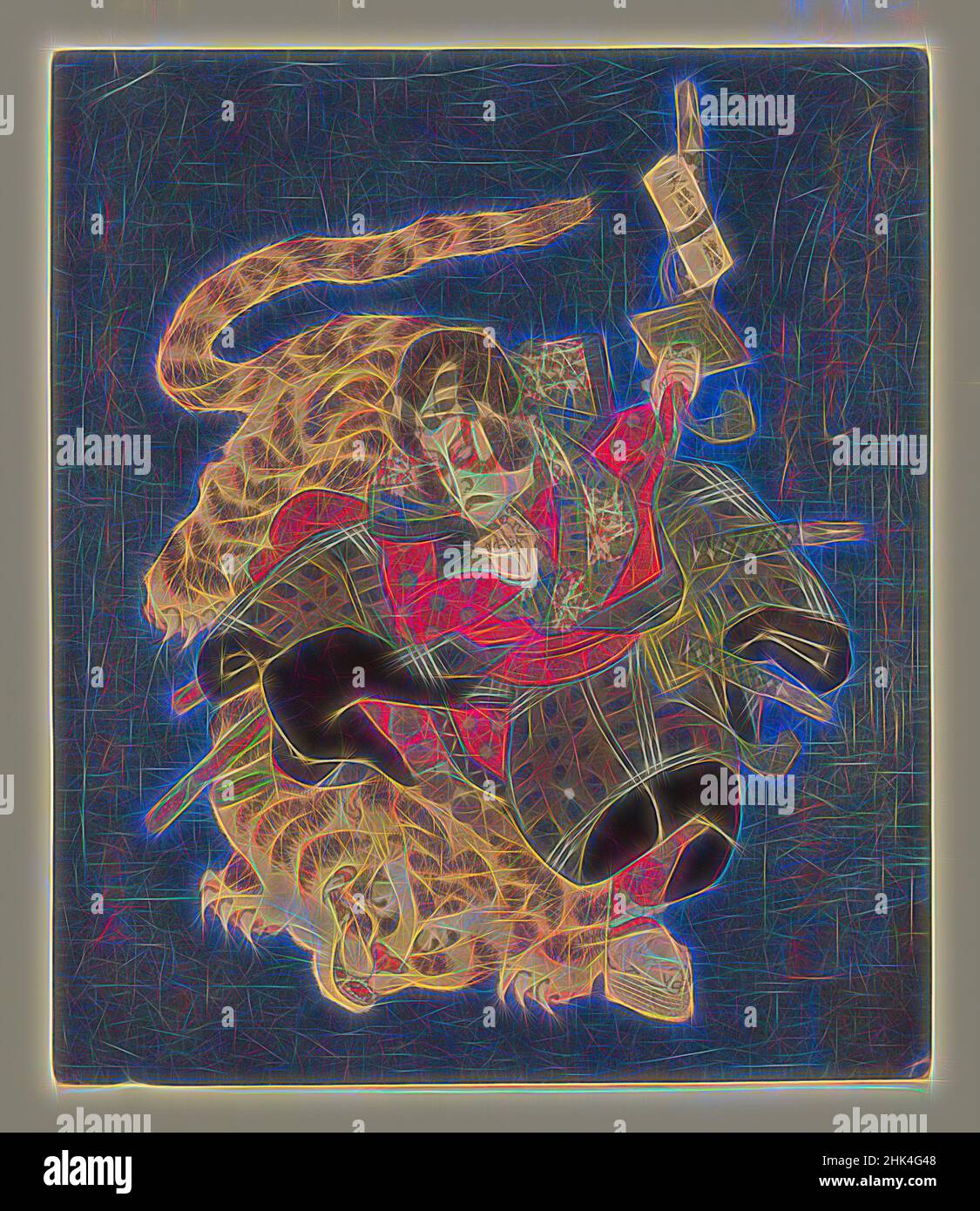 Inspiré par Ichikawa Danjuro VII comme Kokusenya combat le tigre Surimono pour Tsurunova Poetry Club d'Osaka, Utayoshi, actif 1830-1835, imprimé Woodblock; surimono, Japon, env. 1831, période Edo, 8 9/16 x 7 1/4 po., 21,7 x 18,4 cm, réimaginé par Artotop. L'art classique réinventé avec une touche moderne. Conception de lumière chaleureuse et gaie, de luminosité et de rayonnement de lumière. La photographie s'inspire du surréalisme et du futurisme, embrassant l'énergie dynamique de la technologie moderne, du mouvement, de la vitesse et révolutionne la culture Banque D'Images
