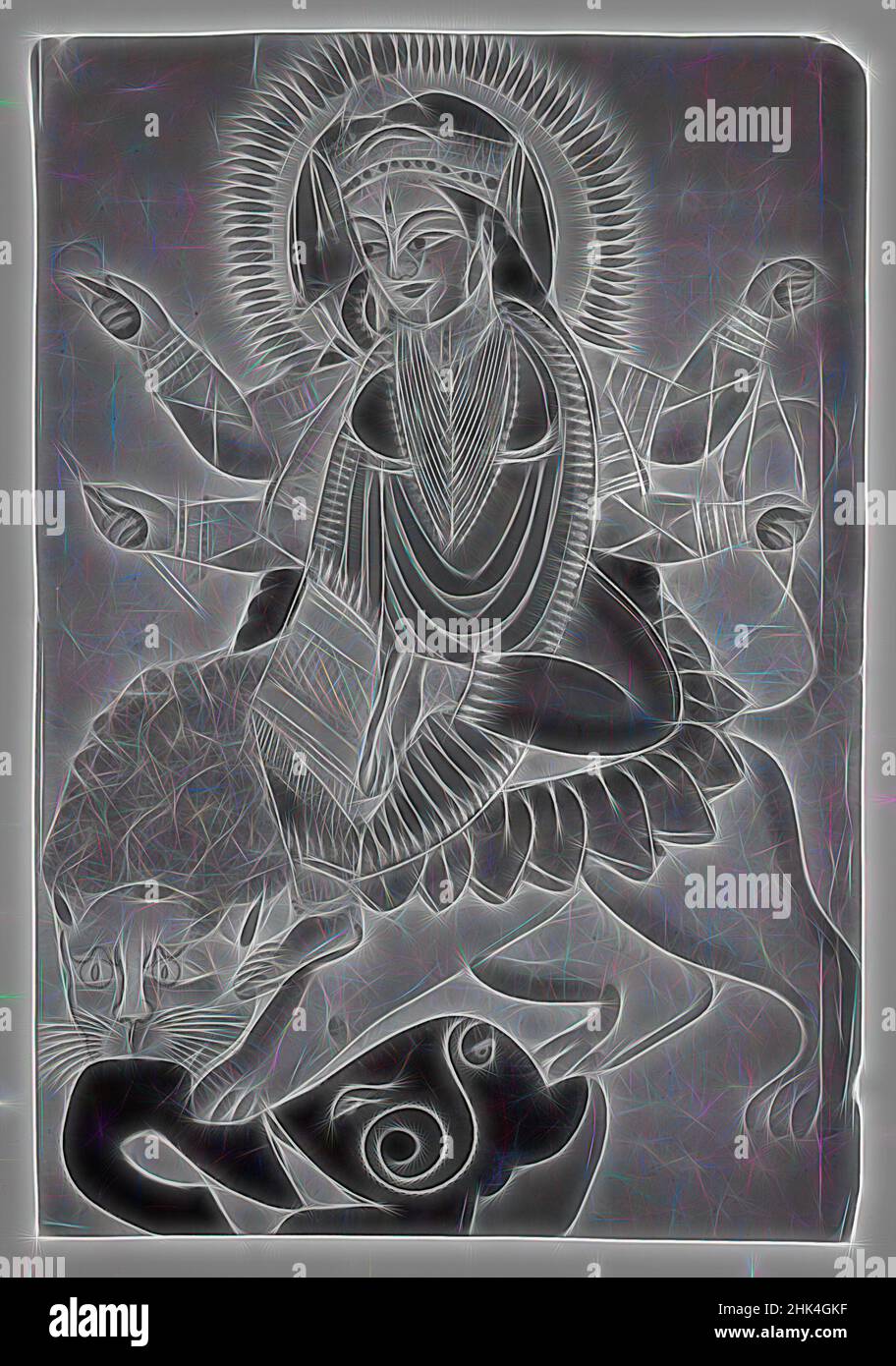 Inspiré par la déesse Durga Astaride a Lion, aquarelles sur papier avec des accents d'étain poli, Kolkata, Calcutta, Bengale occidental, Inde, Fin 19th-début 20th siècle, 16 x 11 po., 40,6 x 27,9 cm, réimaginé par Artotop. L'art classique réinventé avec une touche moderne. Conception de lumière chaleureuse et gaie, de luminosité et de rayonnement de lumière. La photographie s'inspire du surréalisme et du futurisme, embrassant l'énergie dynamique de la technologie moderne, du mouvement, de la vitesse et révolutionne la culture Banque D'Images