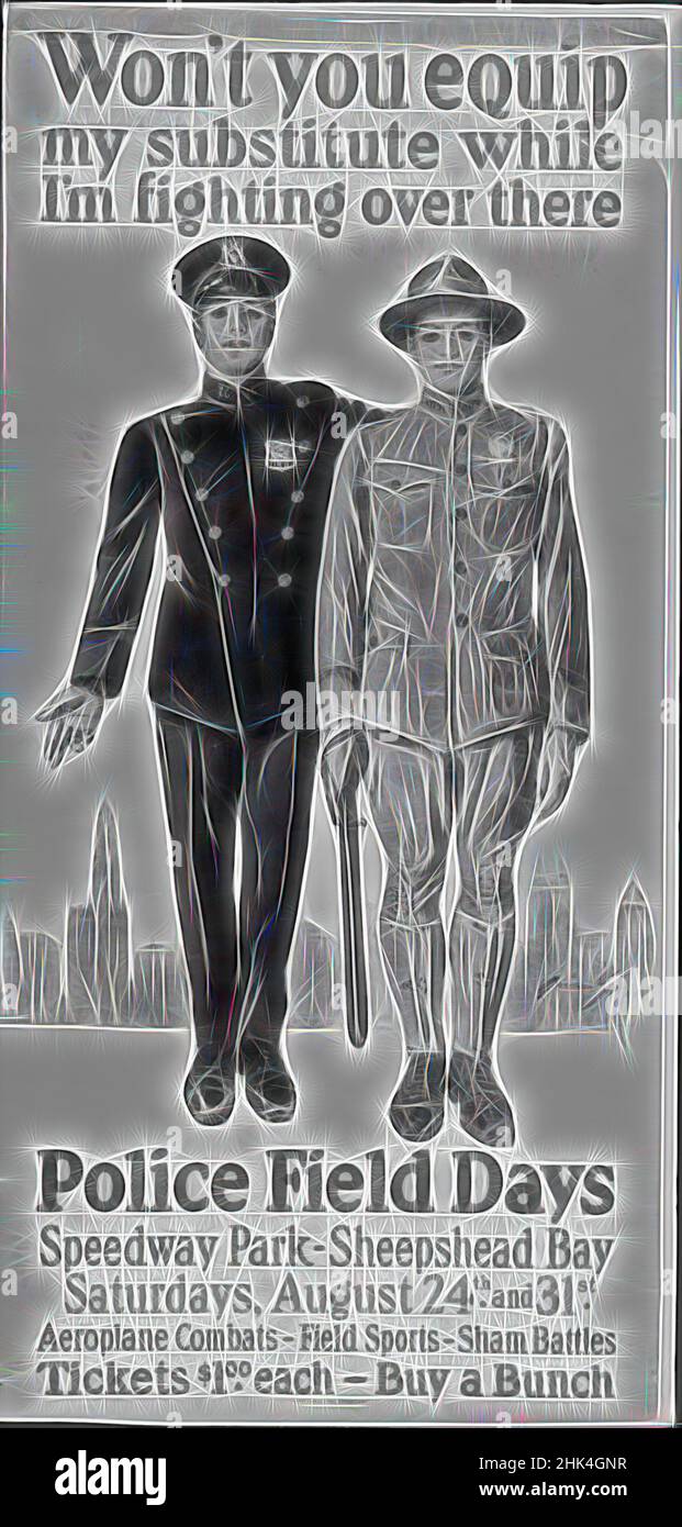 Inspiré par [won't You Equip My Substitut while I's Fighting Over There / police Field Days], Harrison Fisher, cuisine américaine, 1875-1934, affiche lithographe/sérigraphie, 1917, 40 x 22 po, 101,6 x 55,9 cm, repensé par Artotop. L'art classique réinventé avec une touche moderne. Conception de lumière chaleureuse et gaie, de luminosité et de rayonnement de lumière. La photographie s'inspire du surréalisme et du futurisme, embrassant l'énergie dynamique de la technologie moderne, du mouvement, de la vitesse et révolutionne la culture Banque D'Images