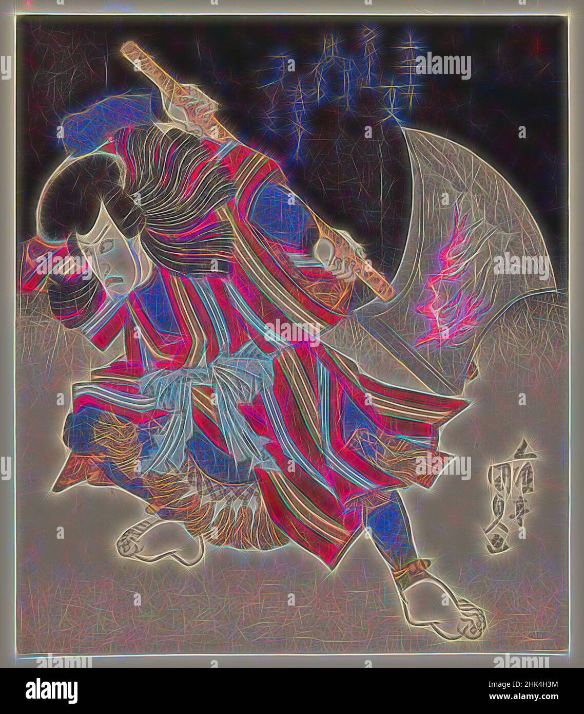 Inspiré par Ichikawa Danjûrô comme Unno Kotarô Yukiuji, déguisé comme Yamagatsu Buô d'un Kamoise au théâtre Ichmuraza, Utagawa Kunisada, Toyokuni III, japonais, 1786-1865, Impression de blocs de bois, format shikishiban, feuille droite de triptyque ; impression de luxe avec métaux lourds, Japon, 1828, période Edo, 8, Repensé par Artotop. L'art classique réinventé avec une touche moderne. Conception de lumière chaleureuse et gaie, de luminosité et de rayonnement de lumière. La photographie s'inspire du surréalisme et du futurisme, embrassant l'énergie dynamique de la technologie moderne, du mouvement, de la vitesse et révolutionne la culture Banque D'Images