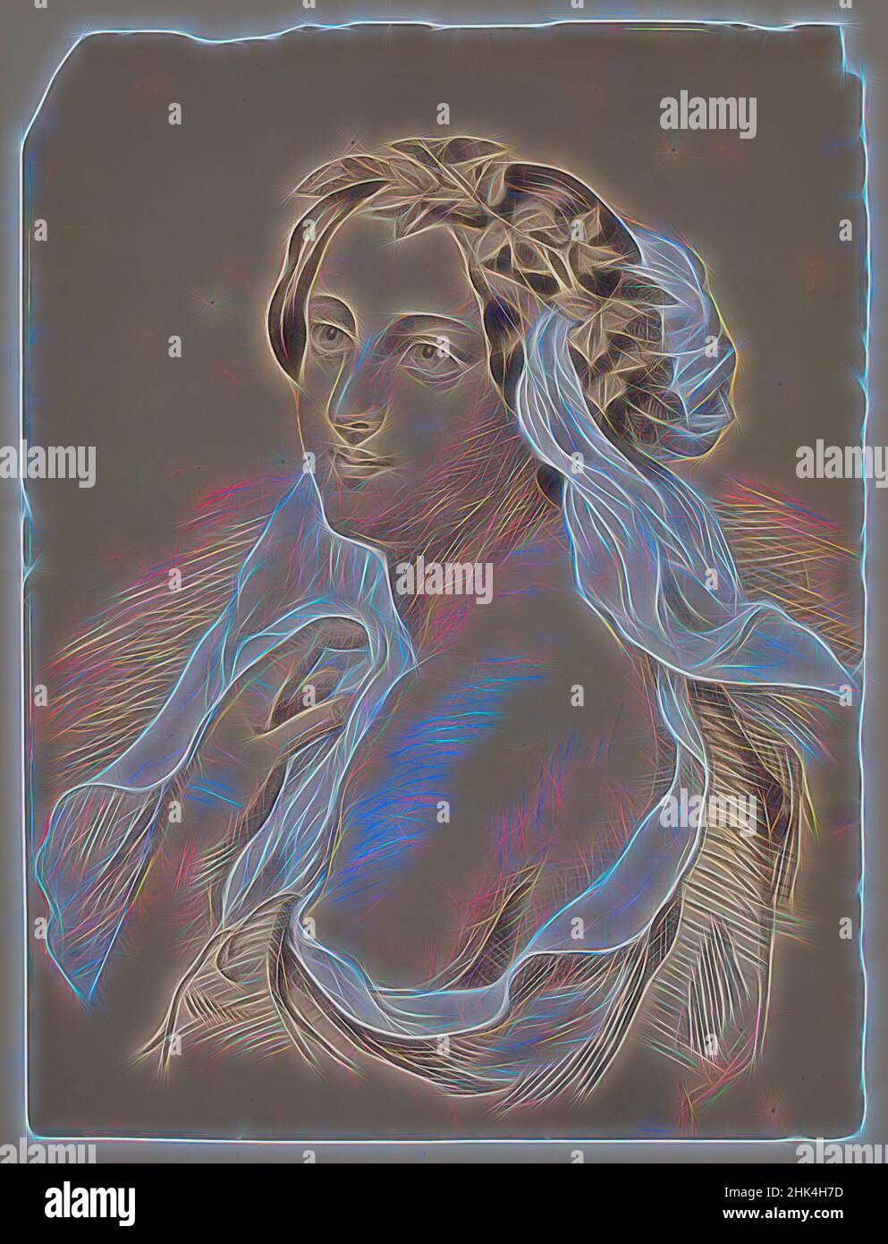 Inspiré par Portrait d'une femme ornée d'une couronne de feuilles, Jane E. Sloan, blanc craie et média noir, probablement pastel à l'huile ou conté sur graphite sur papier vélin sec monté sur un fond de tableau, 19th siècle, feuille : 18 x 13 1/2 po, 45,7 x 34,3 cm, 19th Century, beauté, femme, fluide, Regard, repensé par Artotop. L'art classique réinventé avec une touche moderne. Conception de lumière chaleureuse et gaie, de luminosité et de rayonnement de lumière. La photographie s'inspire du surréalisme et du futurisme, embrassant l'énergie dynamique de la technologie moderne, du mouvement, de la vitesse et révolutionne la culture Banque D'Images
