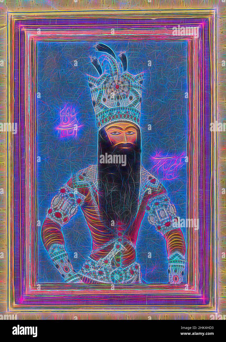 Inspiré par Portrait de Fath 'Ali Shah Qentra, MiHR 'Ali, iranien, actif ca. 1800-1830, encre, aquarelle opaque et or sur papier, Iran, 1815, période Qentra, période Qentra, 3 1/2 x 5 po, 8,9 x 12,7 cm, barbe, bleu, iran, roi, barbe longue, monarque, perse, perse, qentra, shah, réimaginé par Artotop. L'art classique réinventé avec une touche moderne. Conception de lumière chaleureuse et gaie, de luminosité et de rayonnement de lumière. La photographie s'inspire du surréalisme et du futurisme, embrassant l'énergie dynamique de la technologie moderne, du mouvement, de la vitesse et révolutionne la culture Banque D'Images