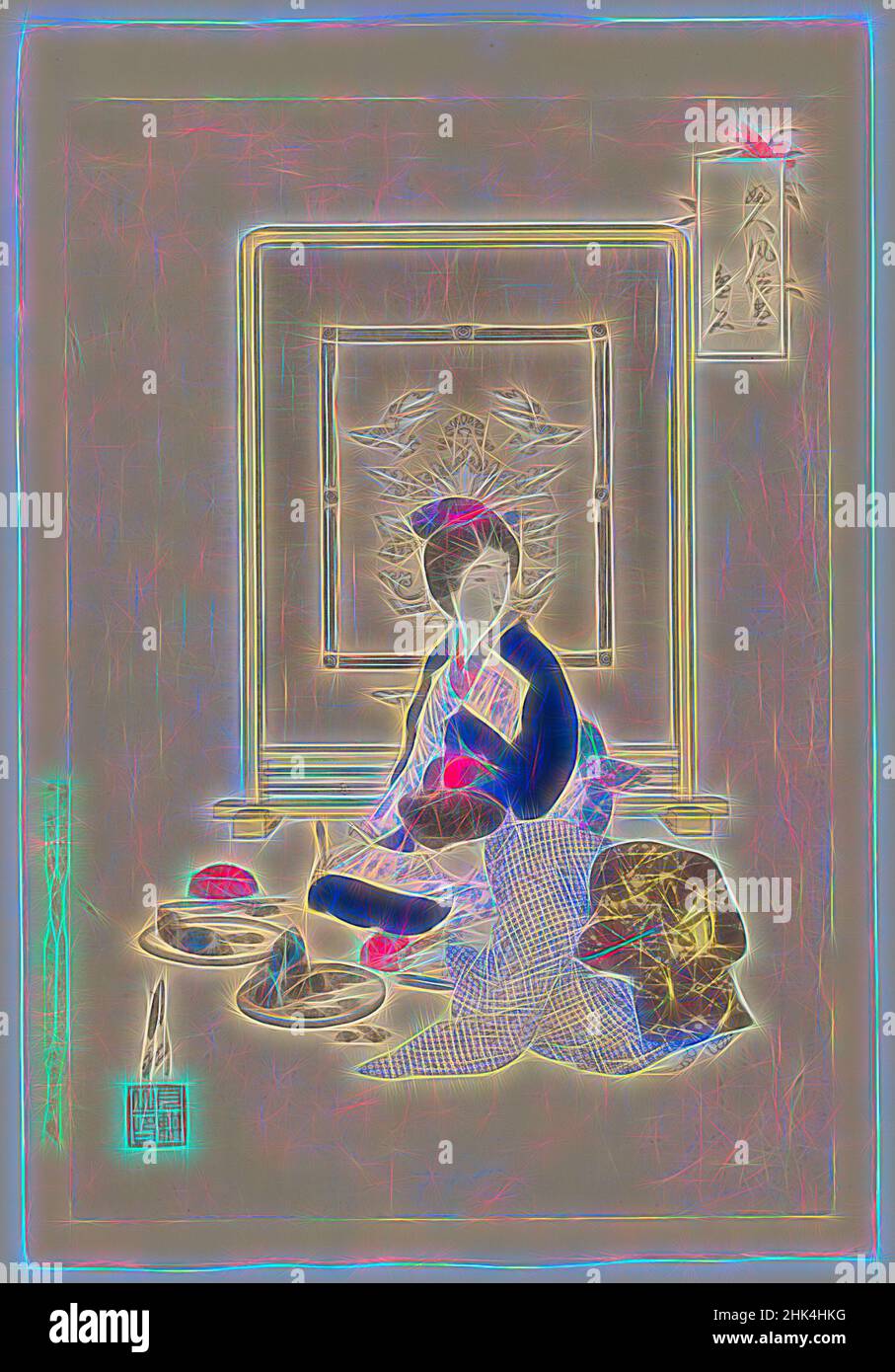 Inspiré par Tray Landscapes, de la série un assortiment de la douane des femmes, de la série douane des femmes, Ogata Gekko, japonais, 1859-1920, impression de blocs de bois couleur sur papier, Japon, 1897, période Meiji, 14 1/4 x 9 1/4 po, 36,2 x 23,5 cm, réimaginé par Artotop. L'art classique réinventé avec une touche moderne. Conception de lumière chaleureuse et gaie, de luminosité et de rayonnement de lumière. La photographie s'inspire du surréalisme et du futurisme, embrassant l'énergie dynamique de la technologie moderne, du mouvement, de la vitesse et révolutionne la culture Banque D'Images