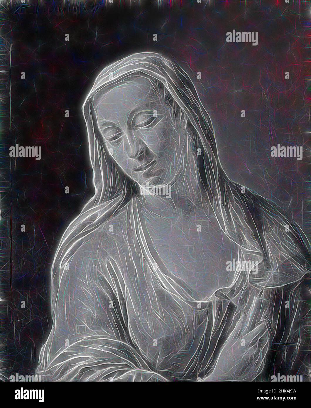 Inspiré par Portrait d'une femme, huile sur panneau, 6 9/16 x 5 3/8 po., 16,7 x 13,7 cm, repensé par Artotop. L'art classique réinventé avec une touche moderne. Conception de lumière chaleureuse et gaie, de luminosité et de rayonnement de lumière. La photographie s'inspire du surréalisme et du futurisme, embrassant l'énergie dynamique de la technologie moderne, du mouvement, de la vitesse et révolutionne la culture Banque D'Images