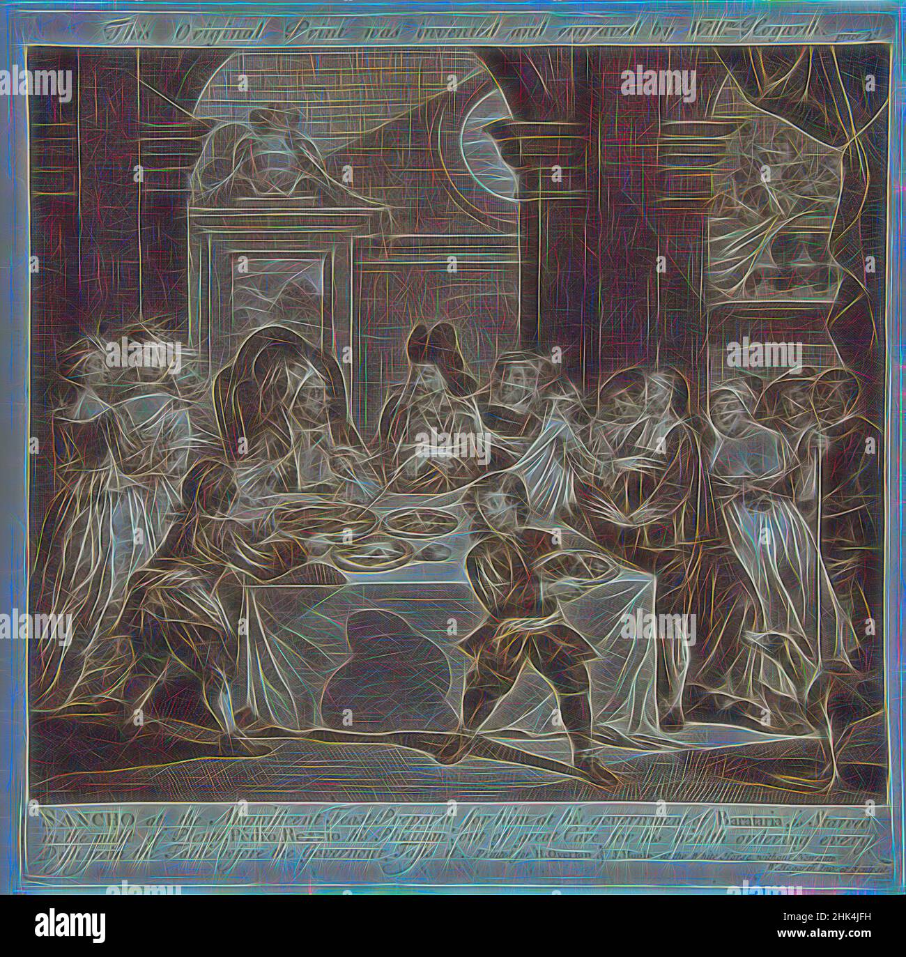 Inspiré par Sancho au Magnificent Feast, William Hogarth, britannique, 1697-1764, gravure en ligne sur papier ponté, 1733, 11 13/16 x 11 13/16 po, 30 x 30 cm, réimaginé par Artotop. L'art classique réinventé avec une touche moderne. Conception de lumière chaleureuse et gaie, de luminosité et de rayonnement de lumière. La photographie s'inspire du surréalisme et du futurisme, embrassant l'énergie dynamique de la technologie moderne, du mouvement, de la vitesse et révolutionne la culture Banque D'Images