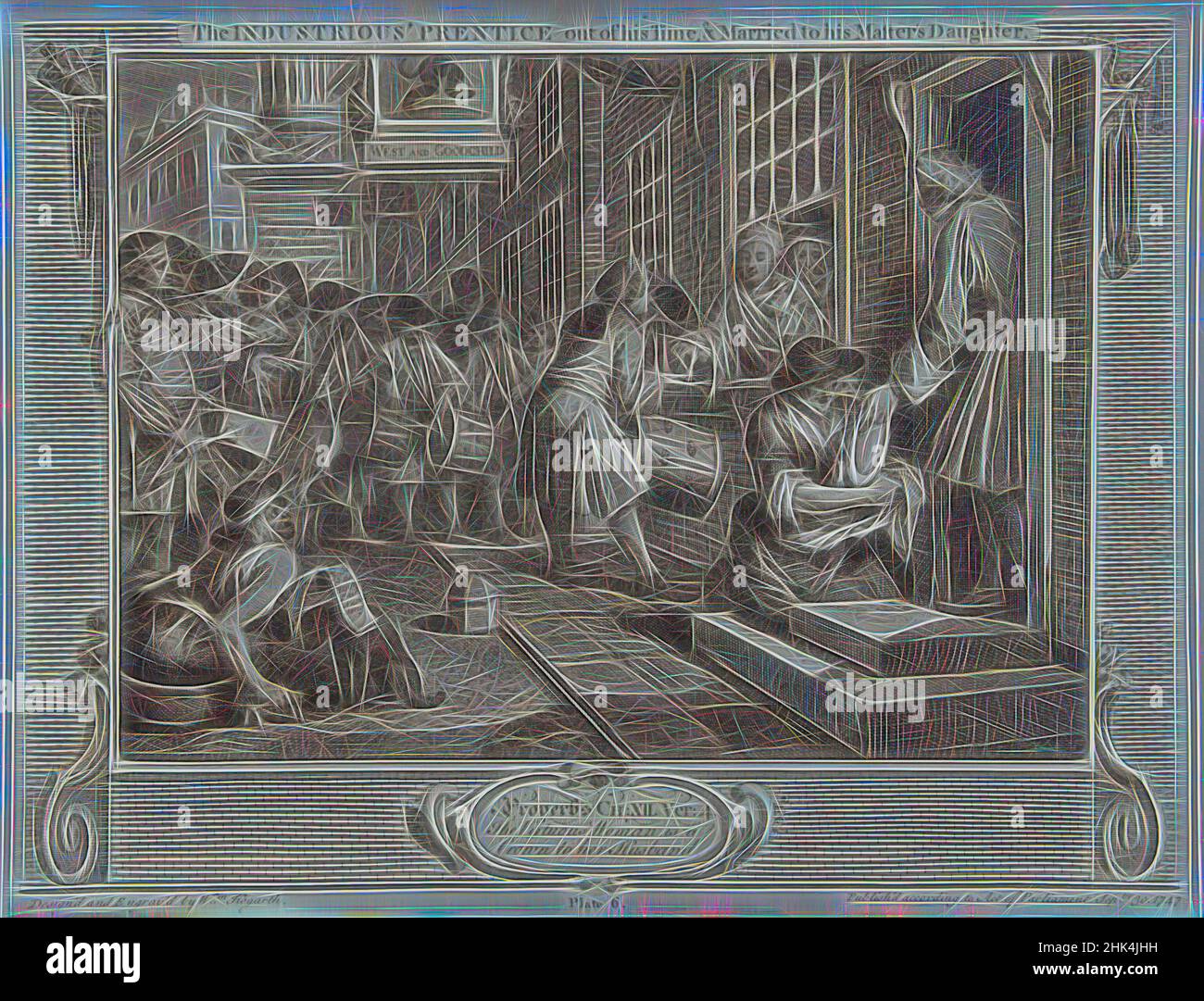 Inspiré par l'industriel Prentice de son temps, William Hogarth, britannique, 1697-1764, gravure sur papier cousu, 1747, 10 3/8 x 13 9/16 po, 26,3 x 34,5 cm, réimaginé par Artotop. L'art classique réinventé avec une touche moderne. Conception de lumière chaleureuse et gaie, de luminosité et de rayonnement de lumière. La photographie s'inspire du surréalisme et du futurisme, embrassant l'énergie dynamique de la technologie moderne, du mouvement, de la vitesse et révolutionne la culture Banque D'Images