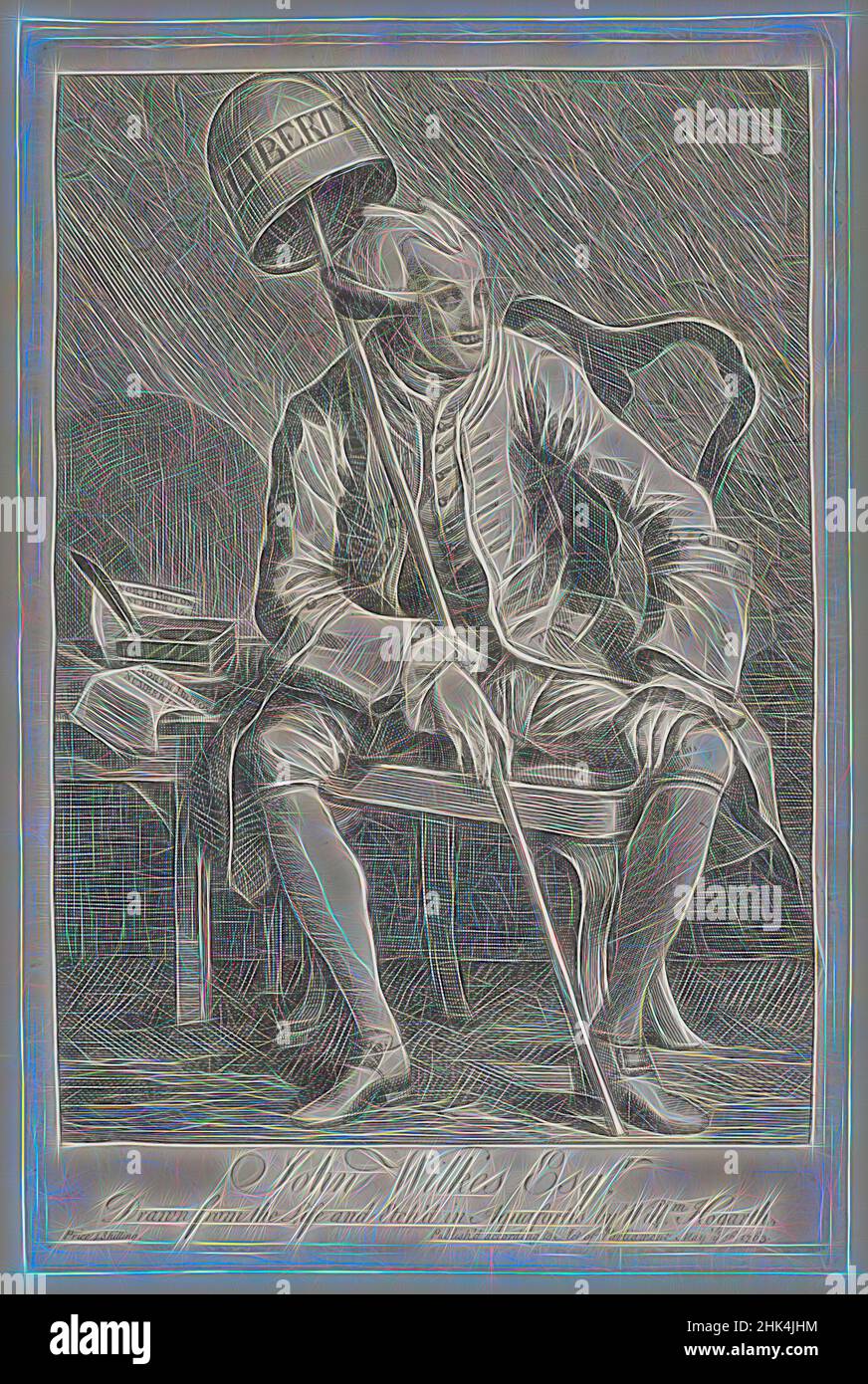 Inspiré par John Wilkes, Esq., William Hogarth, British, 1697-1764, Gravure sur papier ponté, 1763, 13 7/8 x 9 1/8 po., 35,2 x 23,1 cm, réimaginé par Artotop. L'art classique réinventé avec une touche moderne. Conception de lumière chaleureuse et gaie, de luminosité et de rayonnement de lumière. La photographie s'inspire du surréalisme et du futurisme, embrassant l'énergie dynamique de la technologie moderne, du mouvement, de la vitesse et révolutionne la culture Banque D'Images