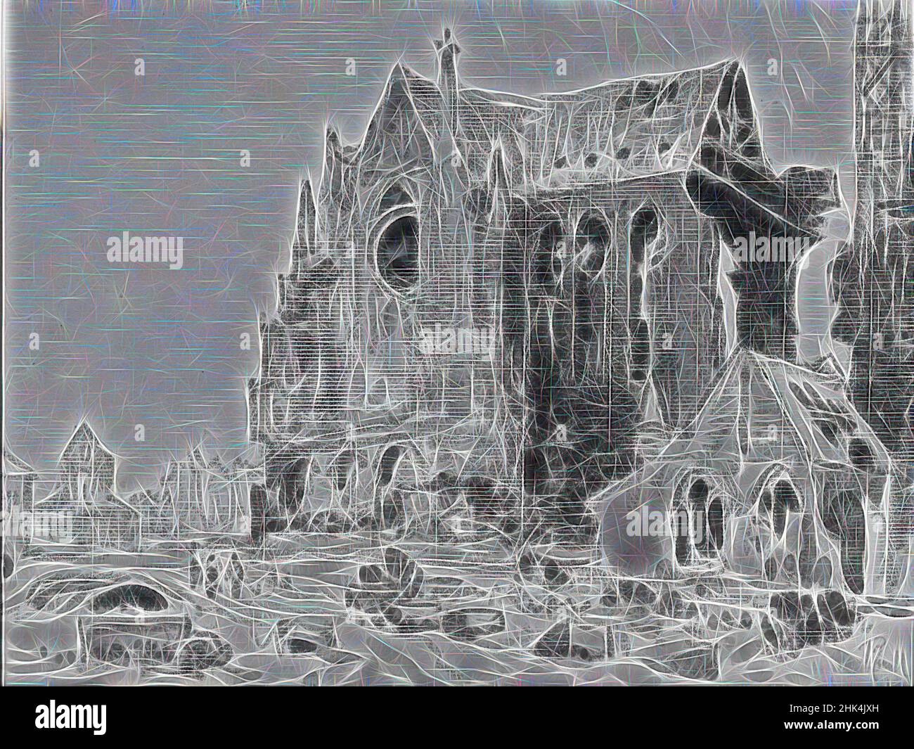 Inspiré par le transept de la cathédrale de Soissons, Joseph Pennell, cuisine américaine, 1860-1926, Aquarelle, 8 1/2 x 11 po, 21,6 x 27,9 cm, bombardement, bâtiments, cathédrale, grotte, Destruction, Nord de la France, Picardie, ruines, guerre, Aquarelle, revisitée par Artotop. L'art classique réinventé avec une touche moderne. Conception de lumière chaleureuse et gaie, de luminosité et de rayonnement de lumière. La photographie s'inspire du surréalisme et du futurisme, embrassant l'énergie dynamique de la technologie moderne, du mouvement, de la vitesse et révolutionne la culture Banque D'Images