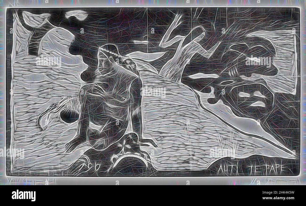 Inspiré par Auti te Pape, Women at the River, Noa Noa, Paul Gauguin, français, 1848-1903, Coupe de bois sur papier de Chine, sculpté hiver 1893-1894; imprimé 1921, image: 8 x 14 po., 20,3 x 35,6 cm, réimaginé par Artotop. L'art classique réinventé avec une touche moderne. Conception de lumière chaleureuse et gaie, de luminosité et de rayonnement de lumière. La photographie s'inspire du surréalisme et du futurisme, embrassant l'énergie dynamique de la technologie moderne, du mouvement, de la vitesse et révolutionne la culture Banque D'Images