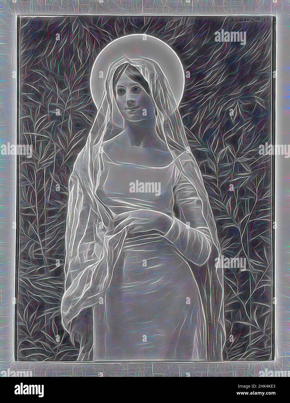 Inspiré par le bienheureux Damozel: 'Où est la Dame Mary', Kenyon Cox, américain, 1856-1919, huile, Grisaille sur toile, 1886, Design: 19 3/4 x 14 7/8 in, repensé par Artotop. L'art classique réinventé avec une touche moderne. Conception de lumière chaleureuse et gaie, de luminosité et de rayonnement de lumière. La photographie s'inspire du surréalisme et du futurisme, embrassant l'énergie dynamique de la technologie moderne, du mouvement, de la vitesse et révolutionne la culture Banque D'Images