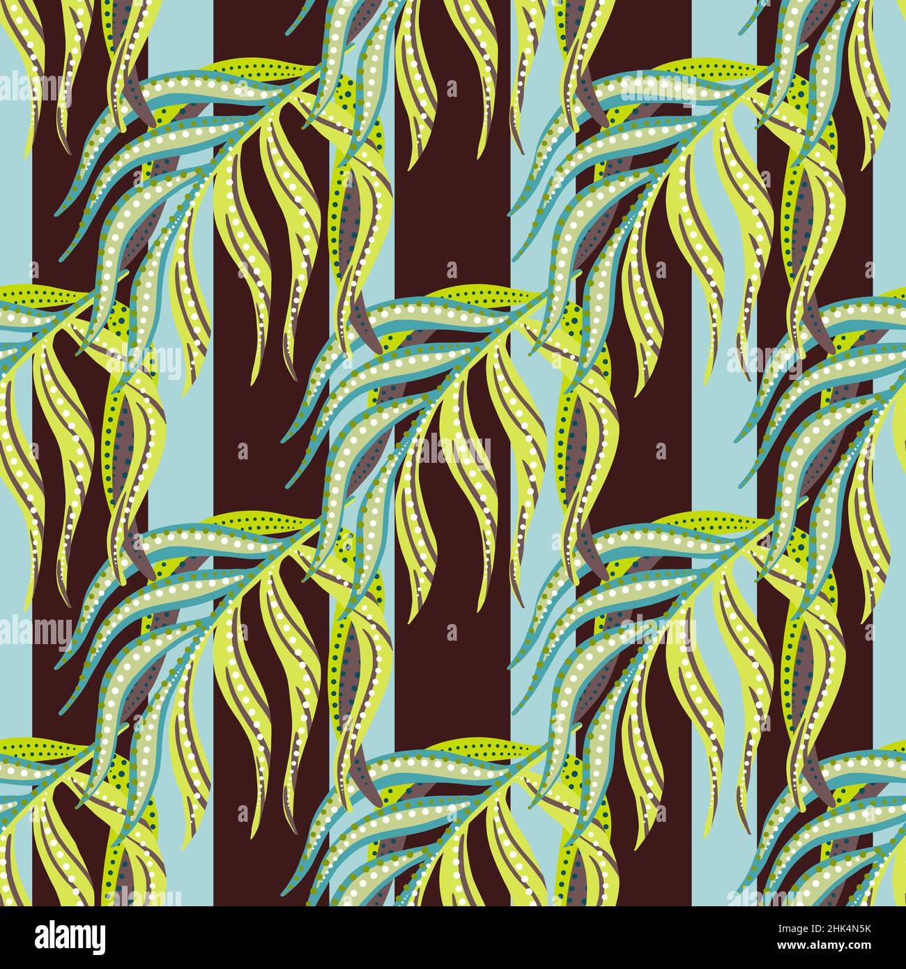 Motif abstrait sans couture biologique avec éléments créatifs en feuilles de palmier.Fond bleu rayé et marron.Illustration vectorielle pour un imprimé textile de saison Illustration de Vecteur