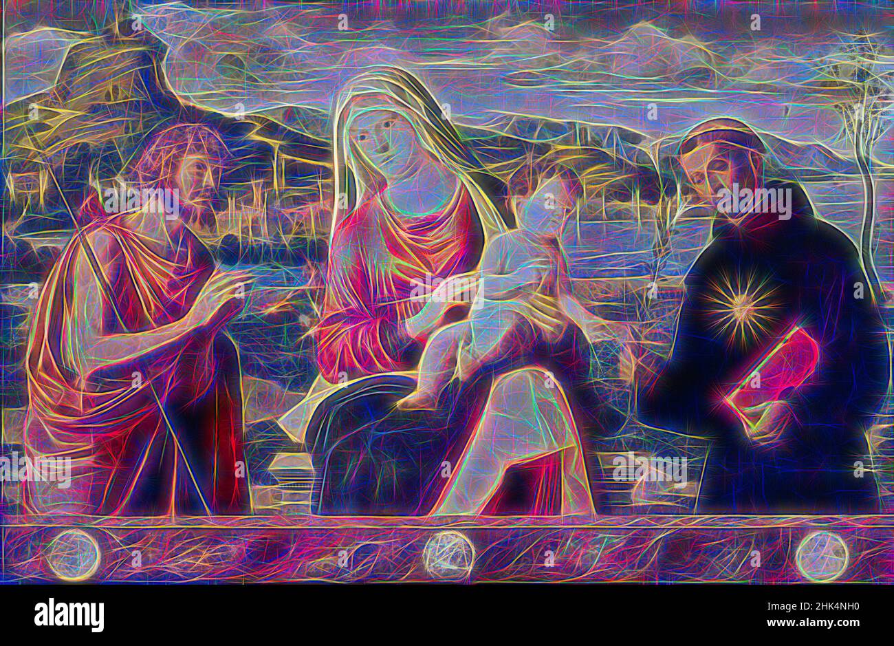 Inspiré par Madonna et l'enfant avec les Saints John le Baptiste et Nicholas de Tolentino, Tempéra et huile sur panneau de peuplier, début 1500s, 28 3/8 x 43 3/4 po, 72,1 x 111,1 cm, rayons X, réimaginé par Artotop. L'art classique réinventé avec une touche moderne. Conception de lumière chaleureuse et gaie, de luminosité et de rayonnement de lumière. La photographie s'inspire du surréalisme et du futurisme, embrassant l'énergie dynamique de la technologie moderne, du mouvement, de la vitesse et révolutionne la culture Banque D'Images