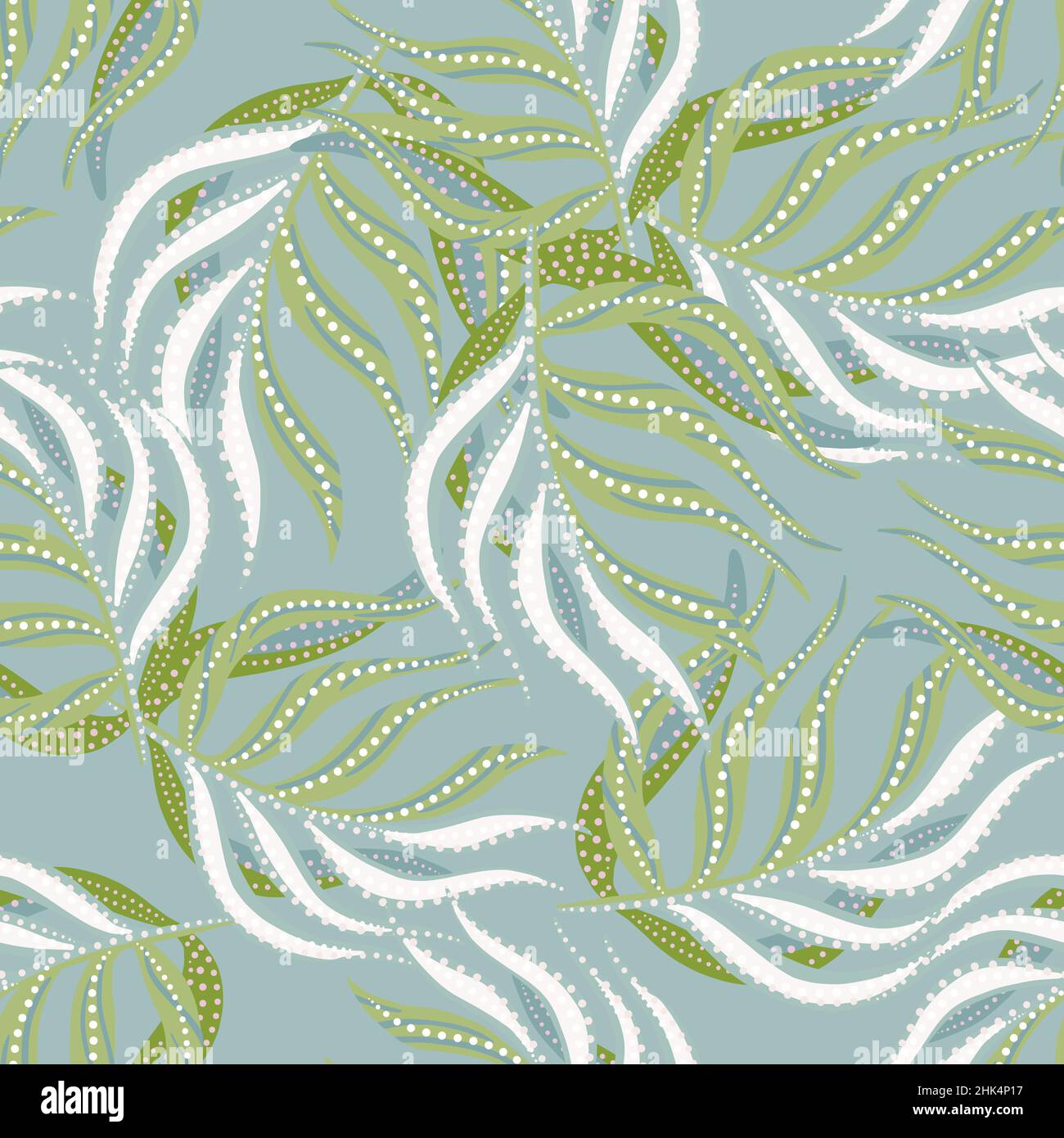Motif abstrait décoratif sans couture avec formes aléatoires de palmier à feuilles.Fond bleu pastel.Imprimé simple.Illustration vectorielle pour textil saisonnier Illustration de Vecteur