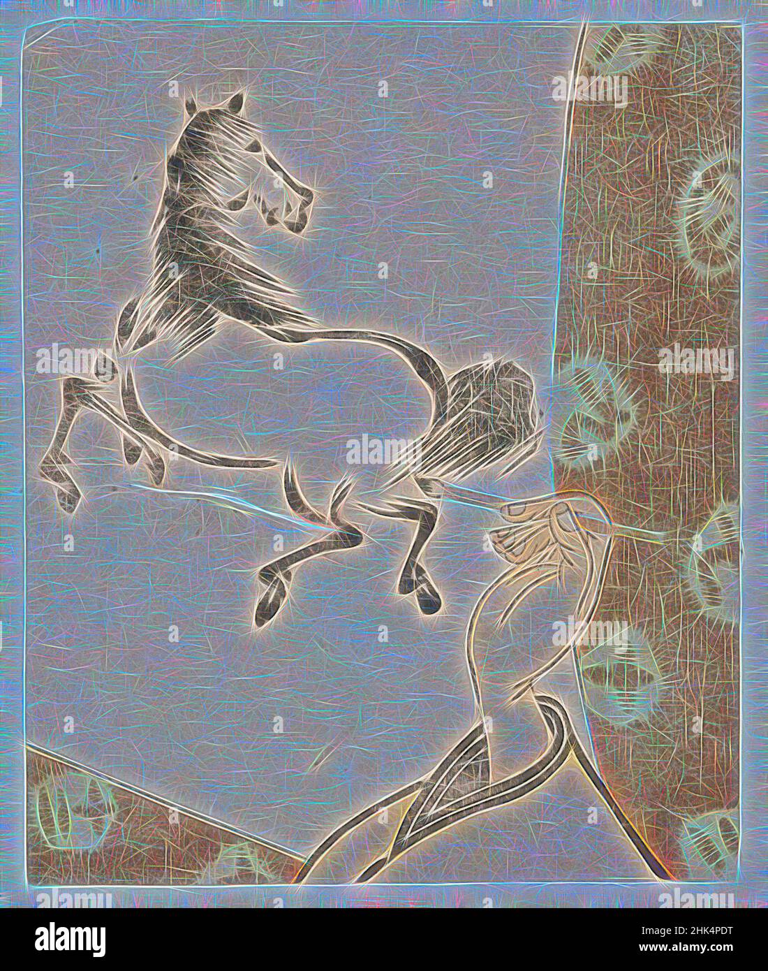 Inspiré par E-Goyomi, pinceau à cheval et main, imprimé color block sur papier, Japon, 1786-1787, époque Edo, 4 1/2 x 3 3/4 po, 11,5 x 9,6 cm, action, animal, artiste, cheval, Mane, auto-référentielle, sumi-e, queue, réimaginé par Artotop. L'art classique réinventé avec une touche moderne. Conception de lumière chaleureuse et gaie, de luminosité et de rayonnement de lumière. La photographie s'inspire du surréalisme et du futurisme, embrassant l'énergie dynamique de la technologie moderne, du mouvement, de la vitesse et révolutionne la culture Banque D'Images