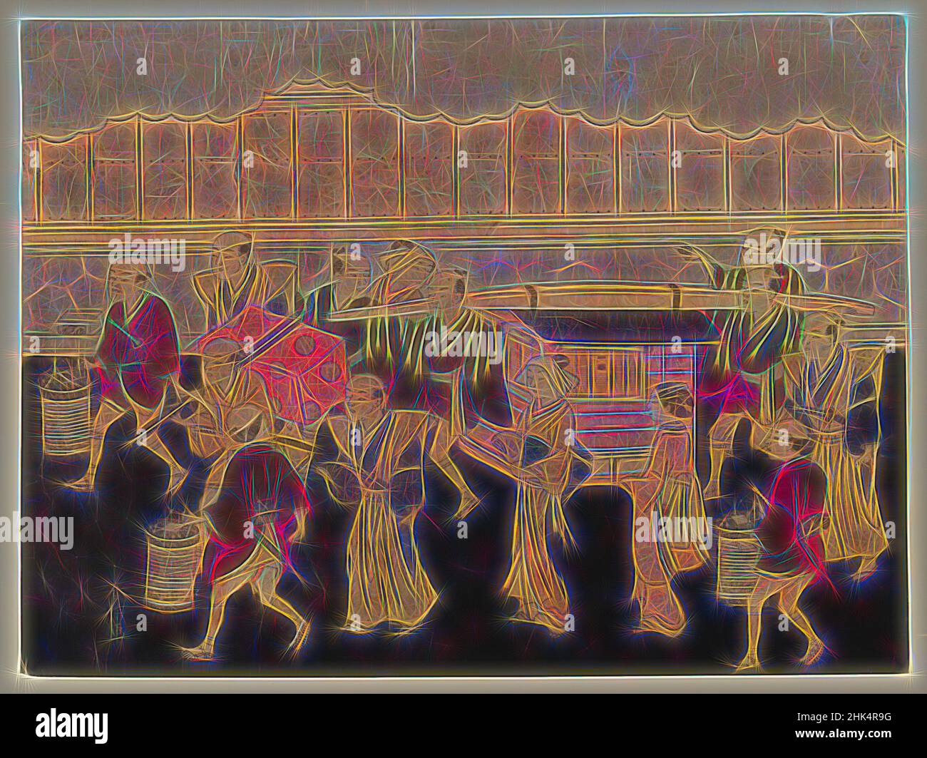 Inspiré par le voyage de la mariée à la maison de son mari, des cérémonies du mariage, Suzuki Harunobu, japonais, 1724-1770, impression couleur sur bois, Japon, ca. 1768, période Edo, 8 1/16 x 10 7/8 po., 20,5 x 27,4 cm, anticipation, préposés, douanes, Harunobu, Mariée japonaise, voyage, nouvelle vie, repensée par Artotop. L'art classique réinventé avec une touche moderne. Conception de lumière chaleureuse et gaie, de luminosité et de rayonnement de lumière. La photographie s'inspire du surréalisme et du futurisme, embrassant l'énergie dynamique de la technologie moderne, du mouvement, de la vitesse et révolutionne la culture Banque D'Images