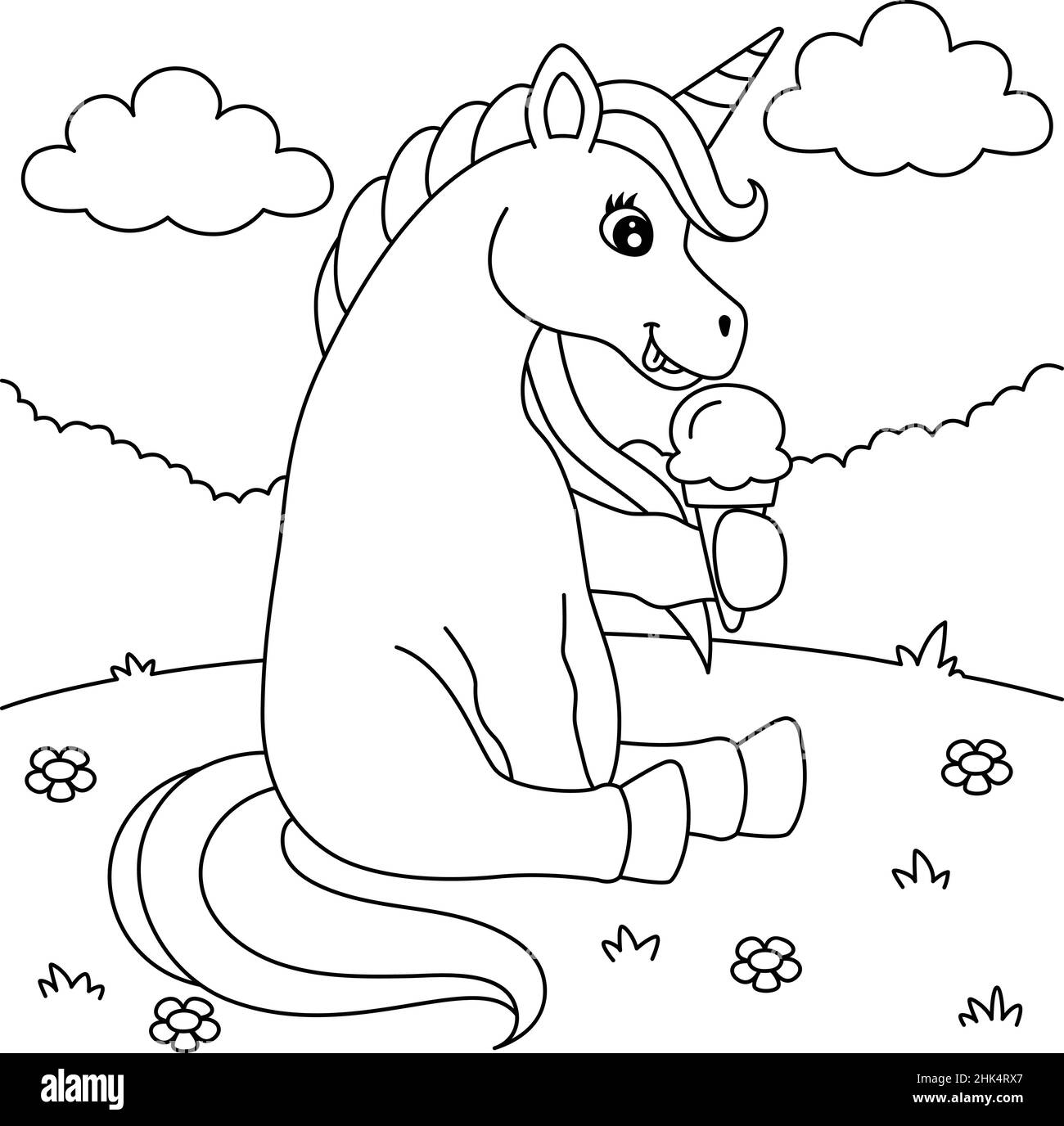 Licorne manger crème glacée coloriage page pour enfants Illustration de Vecteur