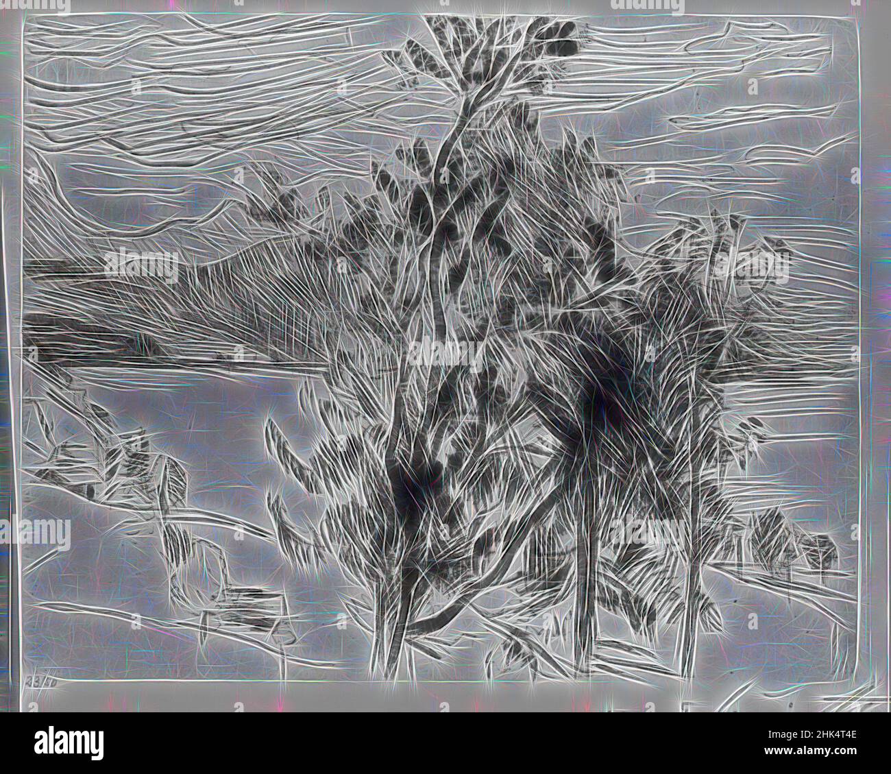 Inspiré par View of the Walchensee, Blick am Walchensee, Am Walchensee, plate 4, Lovis Corinth, Allemand, 1858-1925, gravure et point sec sur papier vélin, Allemagne, 1920, image, plaque: 7 5/8 x 9 7/8 po., 19,4 x 25,1 cm, réimaginé par Artotop. L'art classique réinventé avec une touche moderne. Conception de lumière chaleureuse et gaie, de luminosité et de rayonnement de lumière. La photographie s'inspire du surréalisme et du futurisme, embrassant l'énergie dynamique de la technologie moderne, du mouvement, de la vitesse et révolutionne la culture Banque D'Images