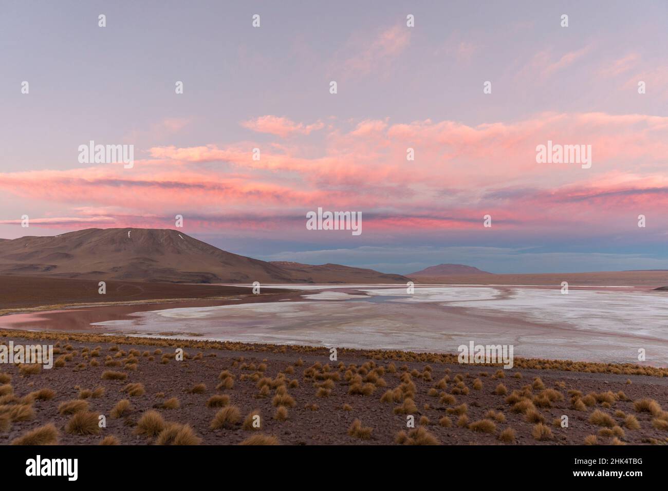 Coucher de soleil sur un lac de sel endorhéique dans l'altiplano, Réserve nationale de faune andine Eduardo Avaroa, Bolivie, Amérique du Sud Banque D'Images