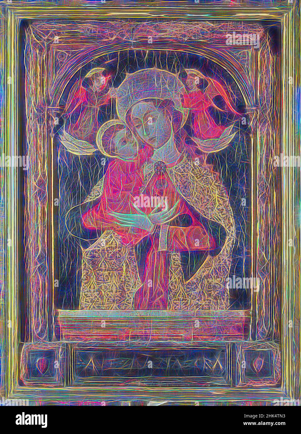 Inspiré par Virgin and Child with Two Angels, Southern Italian School, Tempera on peuplier panel, Italie, fin du 15th siècle, 24 x 17 1/8 po, 61 x 43,5 cm, repensé par Artotop. L'art classique réinventé avec une touche moderne. Conception de lumière chaleureuse et gaie, de luminosité et de rayonnement de lumière. La photographie s'inspire du surréalisme et du futurisme, embrassant l'énergie dynamique de la technologie moderne, du mouvement, de la vitesse et révolutionne la culture Banque D'Images