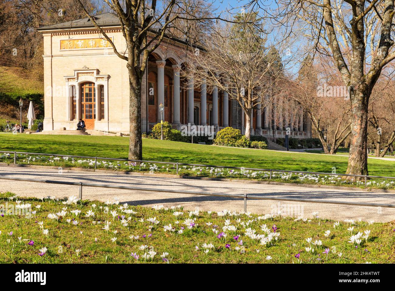 Le Crocus fleurit devant la salle des pompes de Baden-Baden, Forêt Noire, Bade-Wurtemberg, Allemagne, Europe Banque D'Images