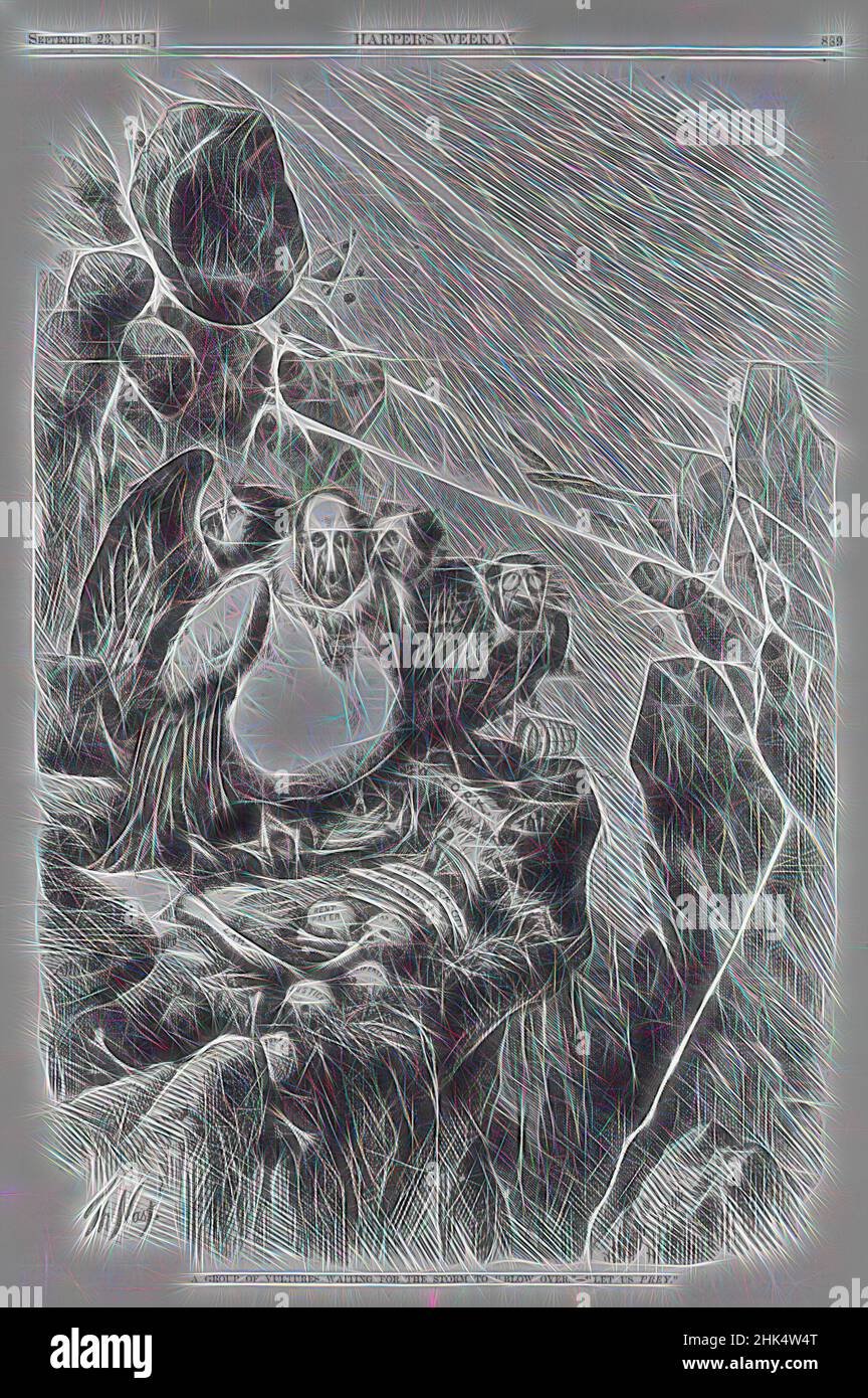 Inspiré par Un groupe de vautours en attente de la tempête à «souffler» - «faisons-nous proie», Thomas Nast, américain, 1840-1902, gravure en bois sur papier journal, 1871, image: 13 11/16 x 11 1/4 po., 34,8 x 28,5 cm, réimaginé par Artotop. L'art classique réinventé avec une touche moderne. Conception de lumière chaleureuse et gaie, de luminosité et de rayonnement de lumière. La photographie s'inspire du surréalisme et du futurisme, embrassant l'énergie dynamique de la technologie moderne, du mouvement, de la vitesse et révolutionne la culture Banque D'Images
