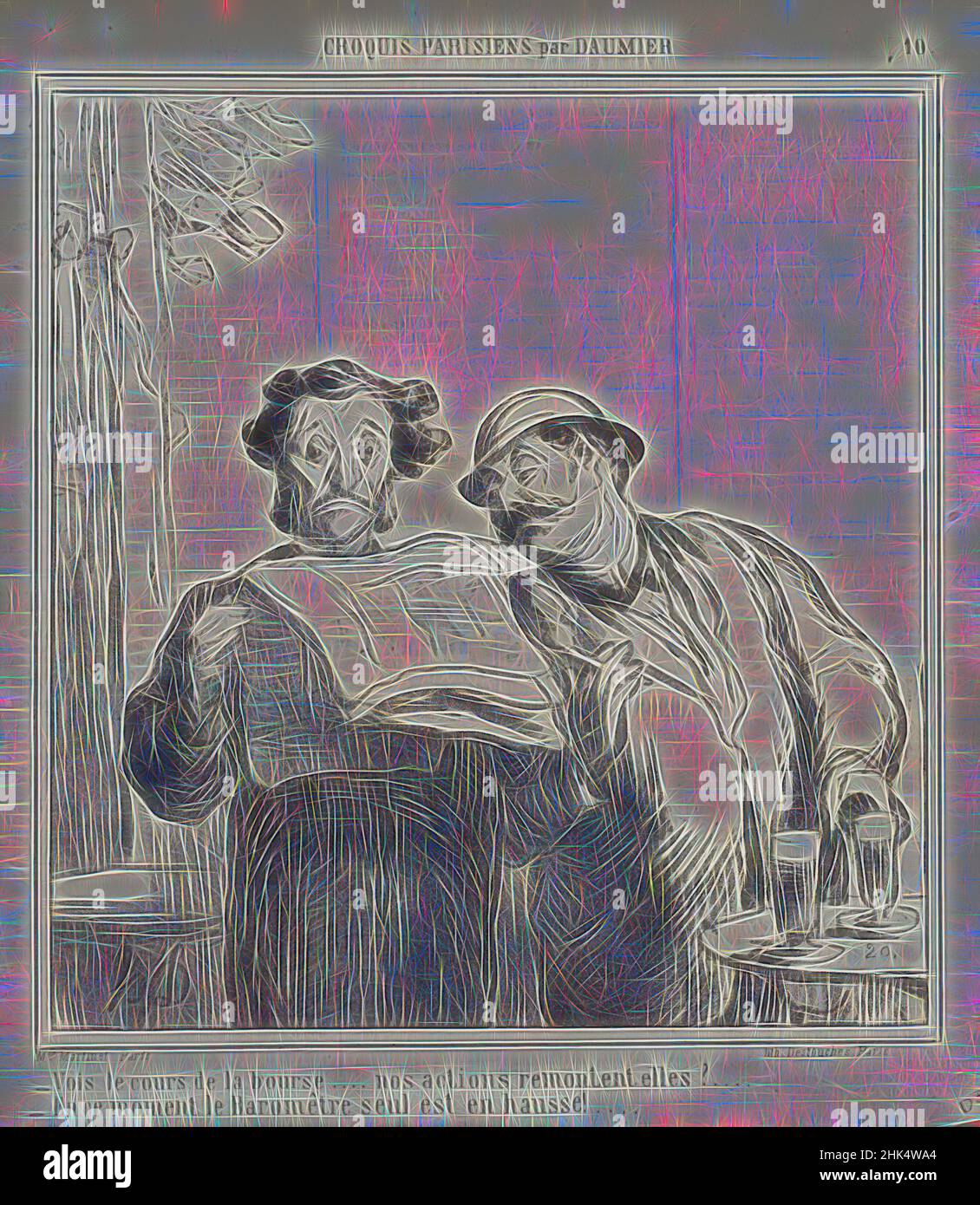 Inspiré par vois le cours de la Bourse..., Honoré Daumier, Français, 1808-1879, Lithographie sur papier journal, 21 juillet 1865, feuille: 11 1/4 x 10 5/16 po., 28,6 x 26,2 cm, revisitée par Artotop. L'art classique réinventé avec une touche moderne. Conception de lumière chaleureuse et gaie, de luminosité et de rayonnement de lumière. La photographie s'inspire du surréalisme et du futurisme, embrassant l'énergie dynamique de la technologie moderne, du mouvement, de la vitesse et révolutionne la culture Banque D'Images