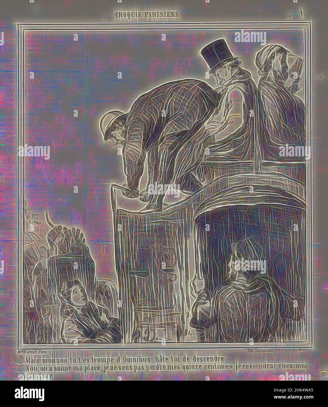 Inspiré par Mais, mon ami, Tu T'es Ampé d'Omnibus..., Honoré Daumier, Français, 1808-1879, Lithographie sur papier journal, 12 février 1866, feuille: 11 3/8 x 10 3/8 po., 28,9 x 26,4 cm, revisitée par Artotop. L'art classique réinventé avec une touche moderne. Conception de lumière chaleureuse et gaie, de luminosité et de rayonnement de lumière. La photographie s'inspire du surréalisme et du futurisme, embrassant l'énergie dynamique de la technologie moderne, du mouvement, de la vitesse et révolutionne la culture Banque D'Images