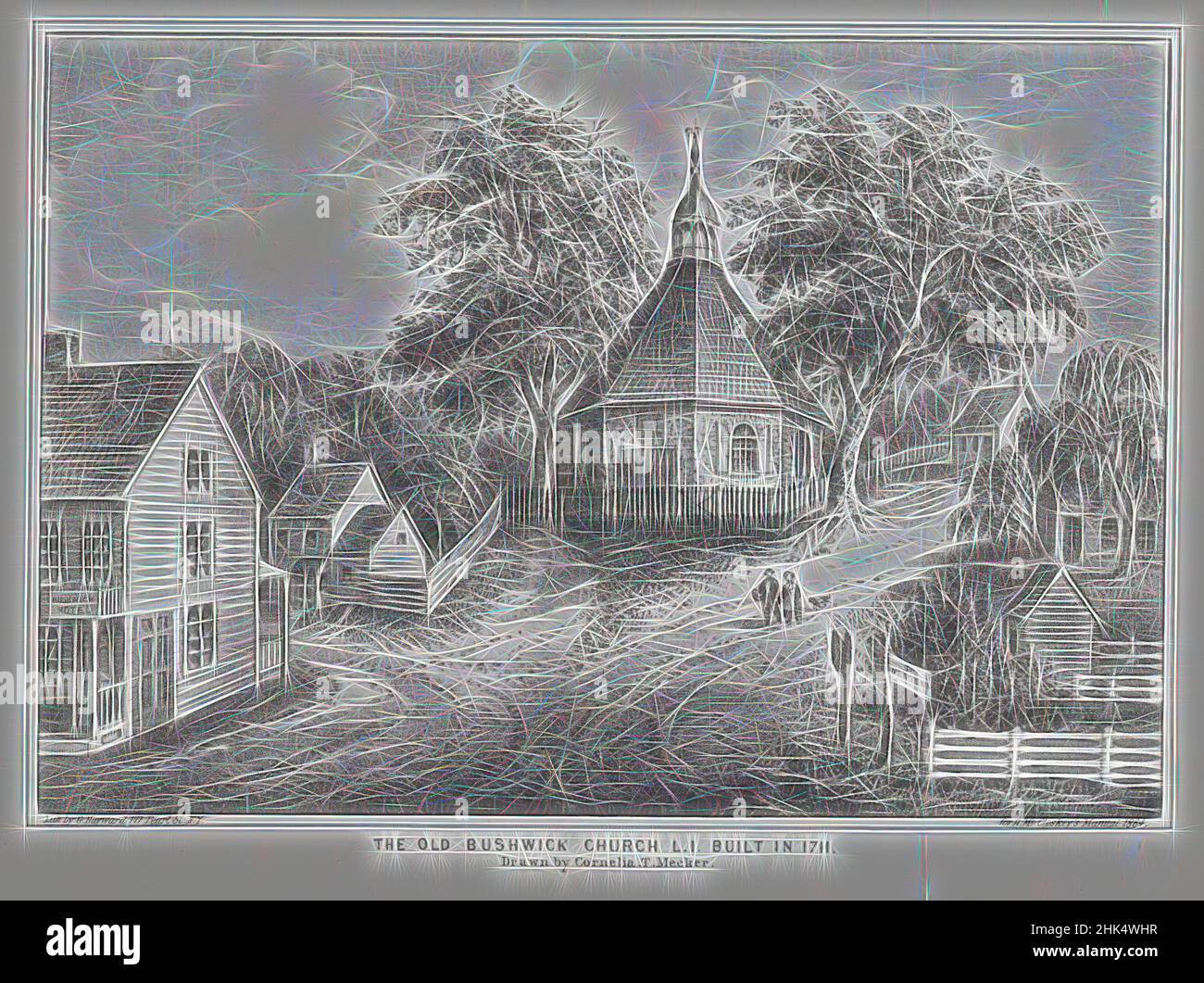 Inspiré par l'église Old Bushwick L.I. Construit en 1711, Lithograph, 1864, néerlandais, fermes, Historique, long Island, histoire de New York, Old Brooklyn, Old New York, clôture de piquetage, rural, petite ville, rue, village, Repensé par Artotop. L'art classique réinventé avec une touche moderne. Conception de lumière chaleureuse et gaie, de luminosité et de rayonnement de lumière. La photographie s'inspire du surréalisme et du futurisme, embrassant l'énergie dynamique de la technologie moderne, du mouvement, de la vitesse et révolutionne la culture Banque D'Images