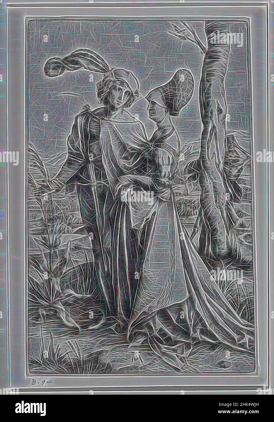 Inspiré de la Promenade, Albrecht Dürer, allemand, 1471-1528, gravure sur papier cousu, 1510, éventuellement, 7 5/8 x 4 15/16 po, 19,4 x 12,6 cm, réimaginé par Artotop. L'art classique réinventé avec une touche moderne. Conception de lumière chaleureuse et gaie, de luminosité et de rayonnement de lumière. La photographie s'inspire du surréalisme et du futurisme, embrassant l'énergie dynamique de la technologie moderne, du mouvement, de la vitesse et révolutionne la culture Banque D'Images