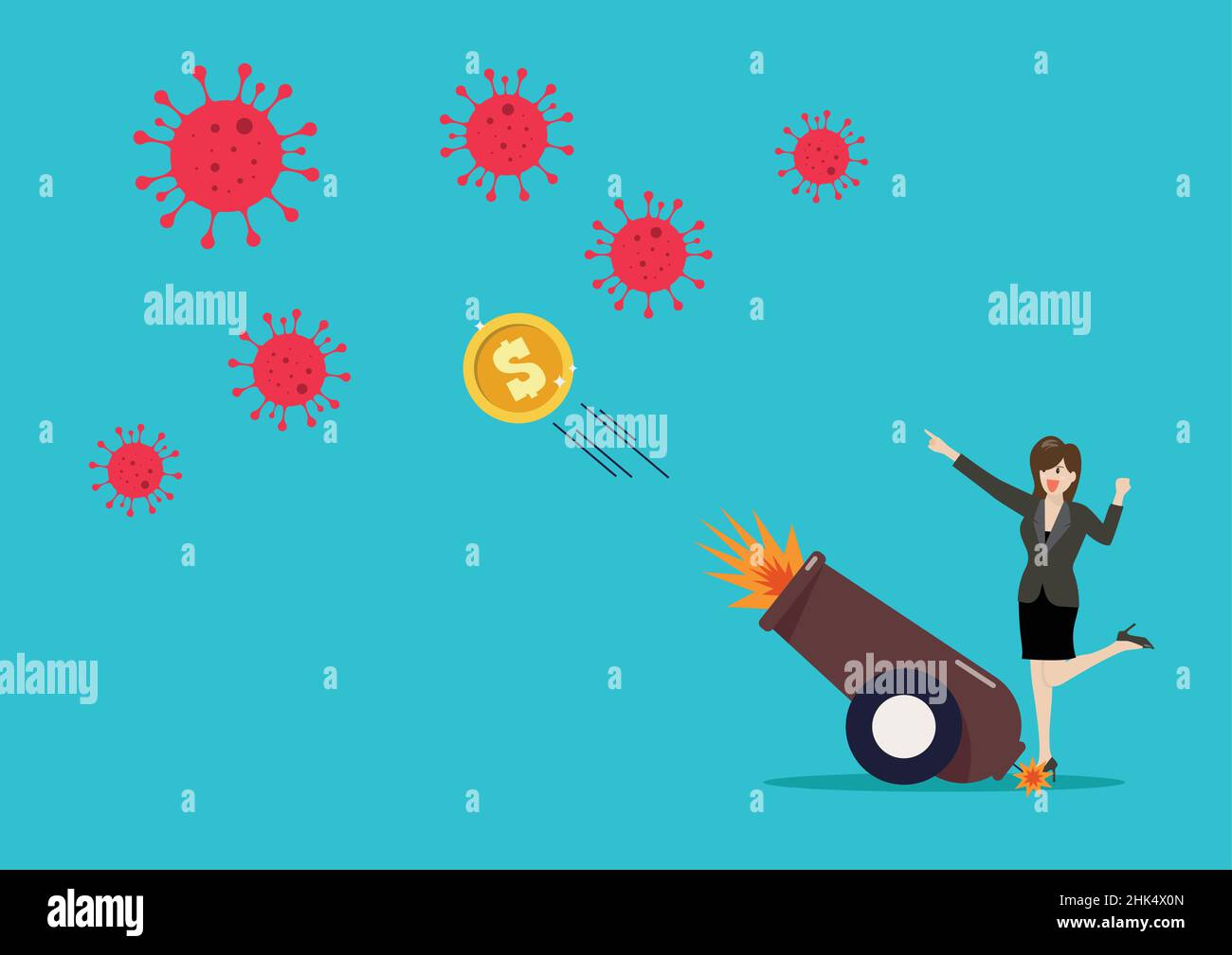 Femme d'affaires luttant contre le coronavirus par l'argent tiré d'un canon explosif.Illustration vectorielle.Concept de vaccination COVID-19. Illustration de Vecteur
