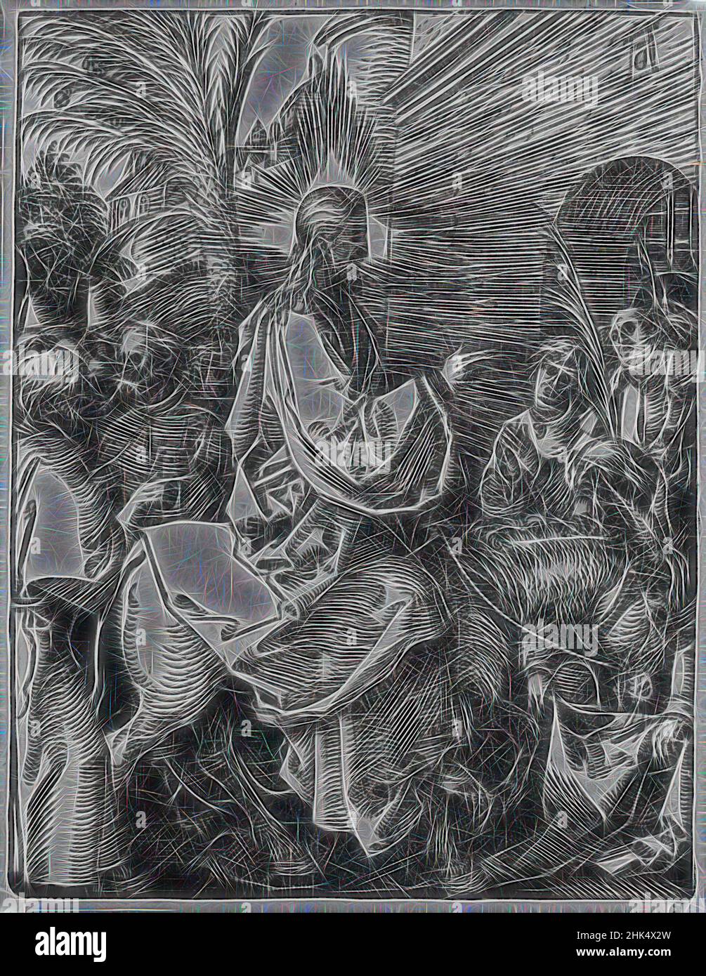 Inspiré par l'entrée du Christ à Jérusalem, la petite passion, Albrecht Dürer, allemand, 1471-1528, Coupe de bois sur papier couté, Allemagne, 1509-1511; édition de 1511, feuille: 5 3/16 x 4 1/16 po., 13,2 x 10,3 cm, arrivée, bénédiction, christ, Durer, entrée, sainte, cheval, jérusalem, jésus, messie, imprimé, réimaginé par Artotop. L'art classique réinventé avec une touche moderne. Conception de lumière chaleureuse et gaie, de luminosité et de rayonnement de lumière. La photographie s'inspire du surréalisme et du futurisme, embrassant l'énergie dynamique de la technologie moderne, du mouvement, de la vitesse et révolutionne la culture Banque D'Images