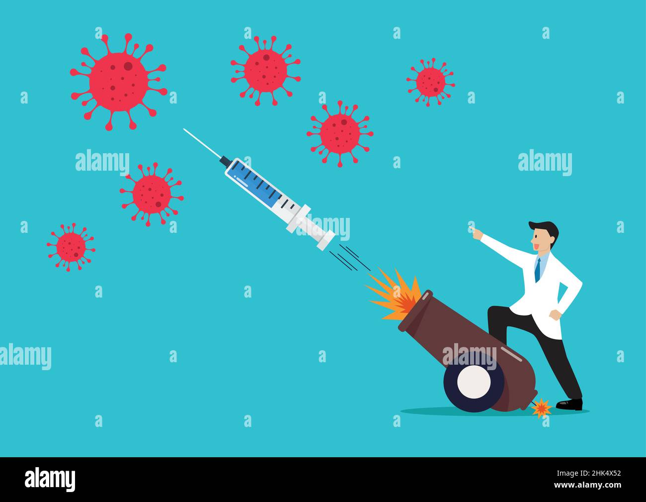 Médecin luttant contre le coronavirus par injection de seringue à partir d'un canon explosif.Illustration vectorielle.Concept de vaccination COVID-19. Illustration de Vecteur