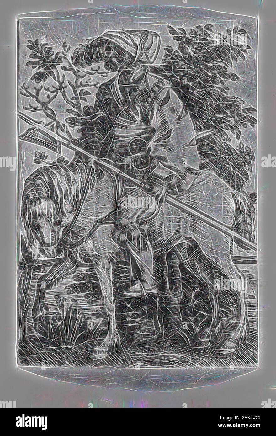 Inspiré par Un soldat à cheval, Barthel Beham, allemand, 1502-1540, gravure, Repensé par Artotop. L'art classique réinventé avec une touche moderne. Conception de lumière chaleureuse et gaie, de luminosité et de rayonnement de lumière. La photographie s'inspire du surréalisme et du futurisme, embrassant l'énergie dynamique de la technologie moderne, du mouvement, de la vitesse et révolutionne la culture Banque D'Images