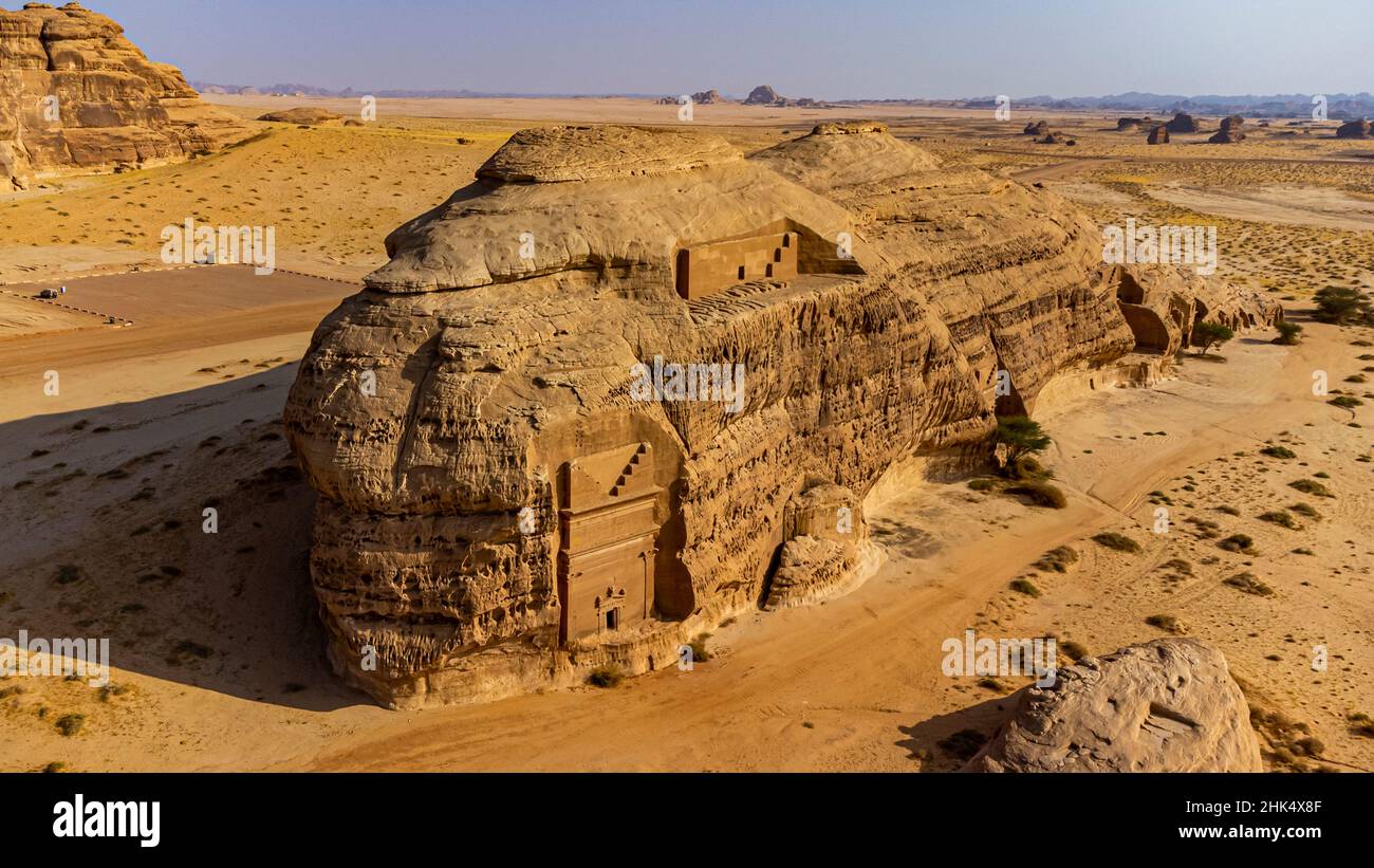 Antenne des tombes rocheuses, Madain Saleh (Hegra) (Al Hijr), site du patrimoine mondial de l'UNESCO, Al Ula, Royaume d'Arabie Saoudite, Moyen-Orient Banque D'Images